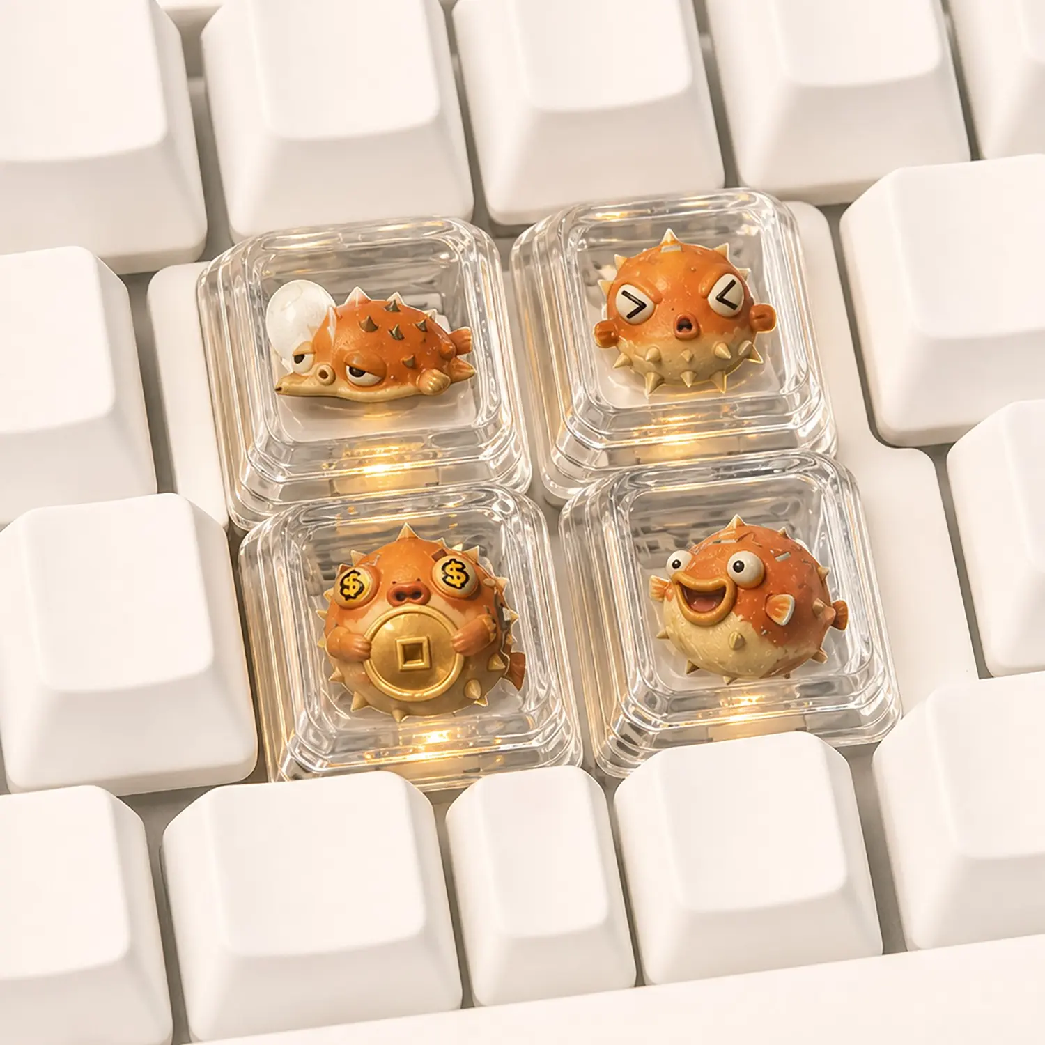 TOCOKEY 4PCS Cute Pufferfish Keycap Set with Random Color Puller, Transparent Double-Layer XDA 1U Custom Keycaps for MX Mechanical Keyboards