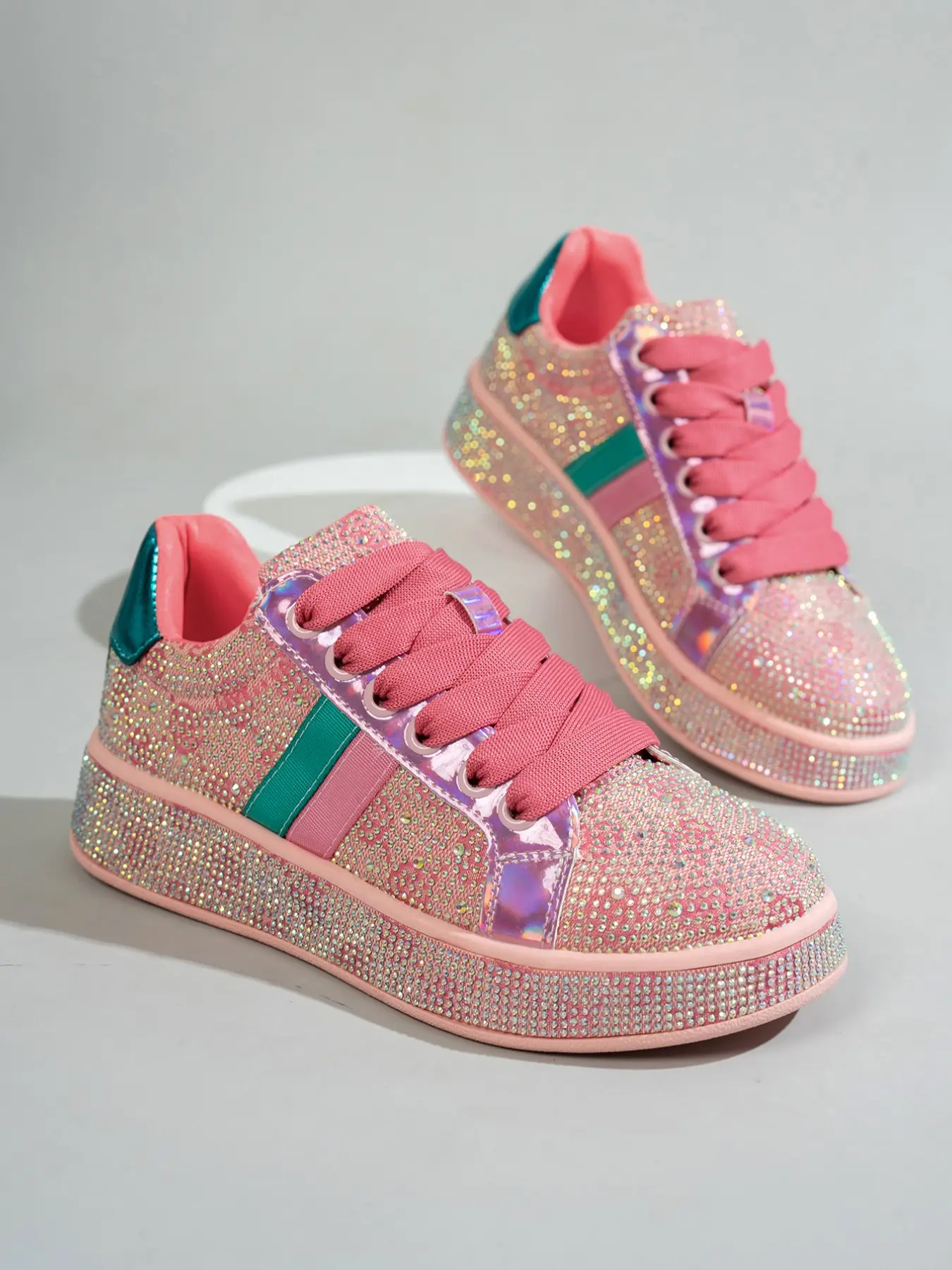 Women's Rainbow Full Rhinestone Color Block Heeled Wedge Thick Sole Invisible Stretch Loose Round Toe Sparkle Design Dad Trainer Shoes
