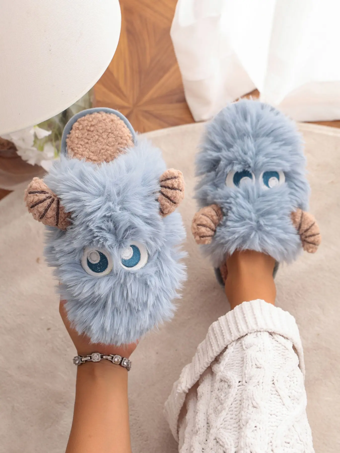 Women Cute Fluffy Monster Open Toe Slide Slippers, 3 Colors Furry Cartoon Horn Big Eye Indoor Slippers, Winter Warm Fuzzy Lamb Lining Casual Home Bedroom Footwear
