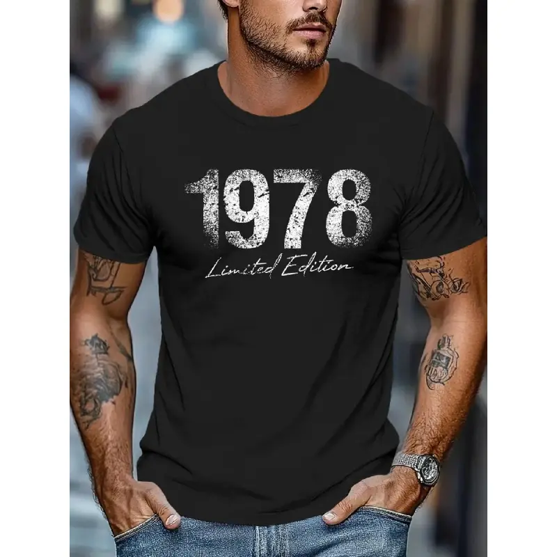 Men's Retro Print Knitted Menswear T-Shirt - 1978 Limited Edition Vintage Graphic, Round Neck Short Sleeve Stretch Polyester, Casual Regular Fit for Outdoor Sports, Elastic Fabric, Machine Washable, Quality Craftsmanship