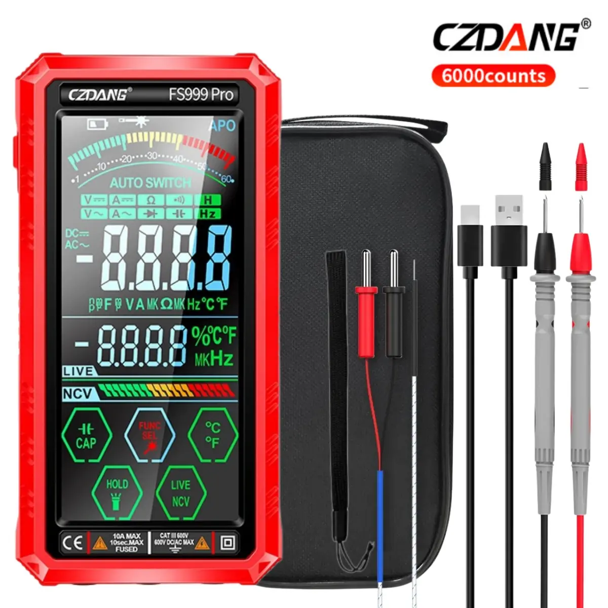 Czdang Fs999pro Multimeter with Storage Case, Auto Ranging Voltmeter, 6000 Count Smart Digital Multimeter, Digital Tester, Non-Contact Voltage Detection