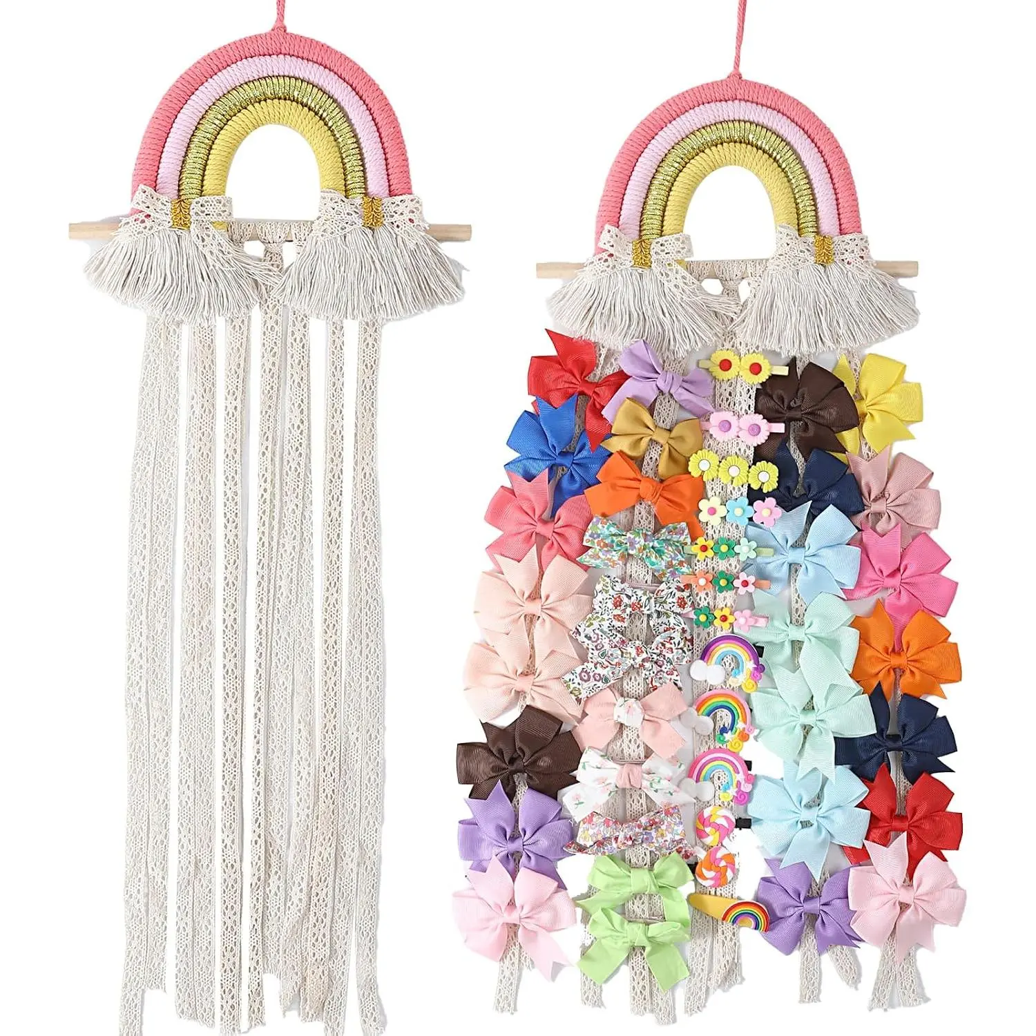 Bow Holder for Girls Rainbow Hair Bows Organizer for Girls with Lace Ribbon  for  Girl  Room Decor (Colorful)