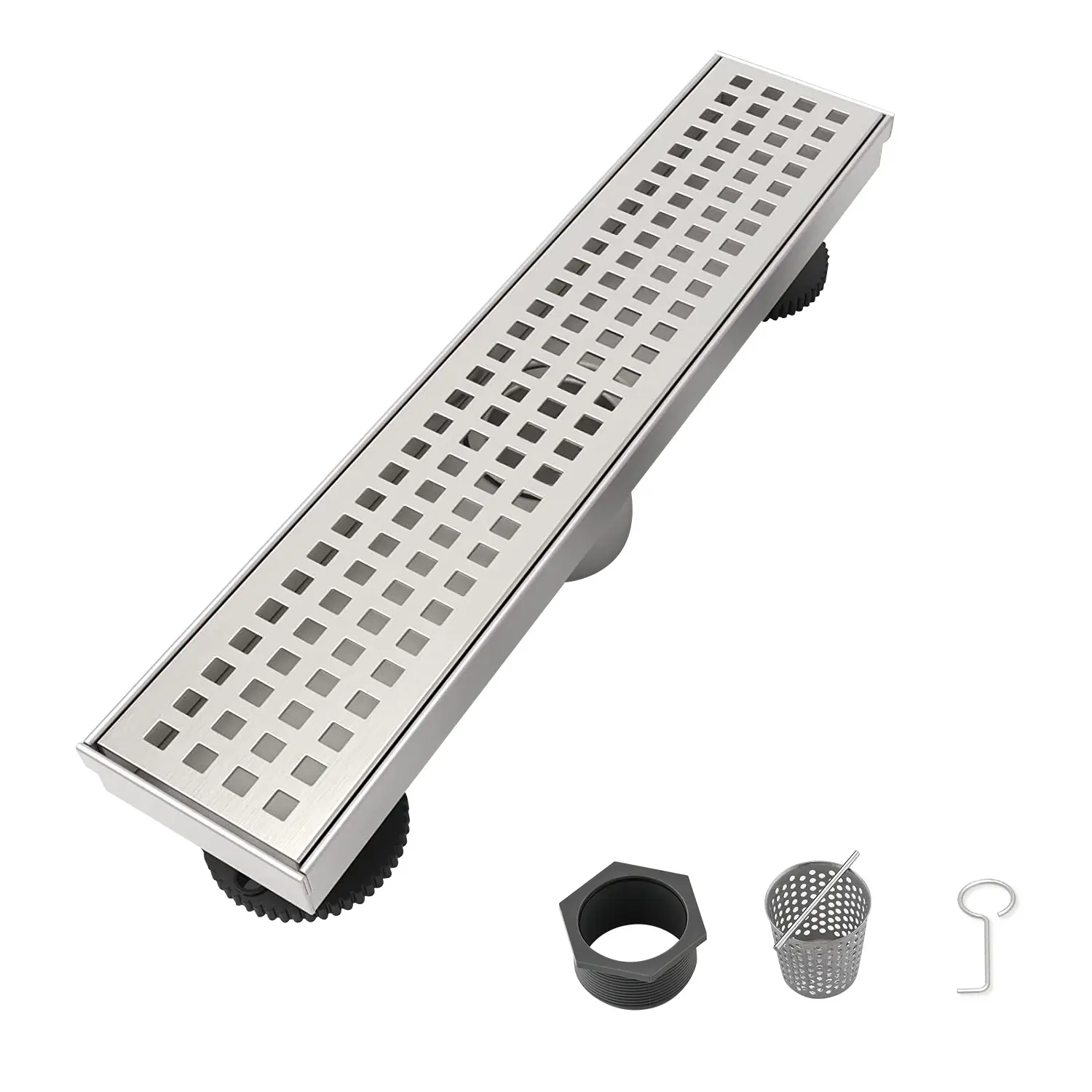 ARCH 12 Inch Linear Shower Drain with Removable Quadrato Pattern Grate Cover, 304 Stainless Steel Shower Floor Drain with Hair Strainer and Leveling Feet, Brushed Nickel Finish, for Bathroom Wet Room Tile Shower Base, Bathroom Shower Door