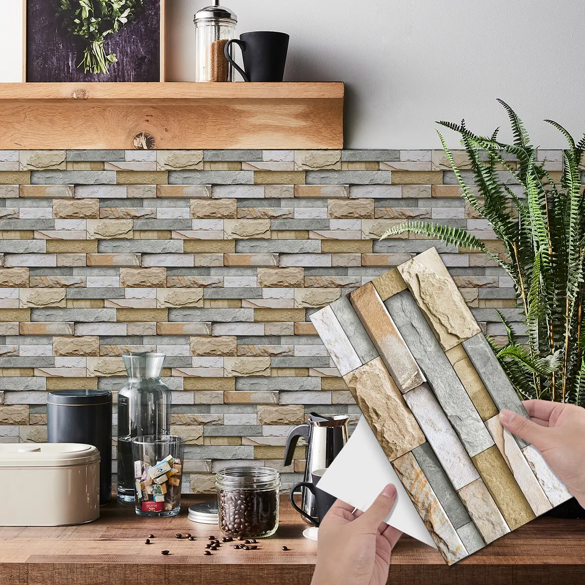 7PCS/14PCS/21PCS FG7 Vintage Tile Stickers, Backsplash Tile Stickers, Beige-Yellow-Grey Tone Slate Culture Stone Self-Adhesive Wall Tiles, PVC Film, Peel-and-Stick Splashback, Waterproof Oil-Proof, for Kitchen Bathroom Floor Tile Wood Surface, Home Decor