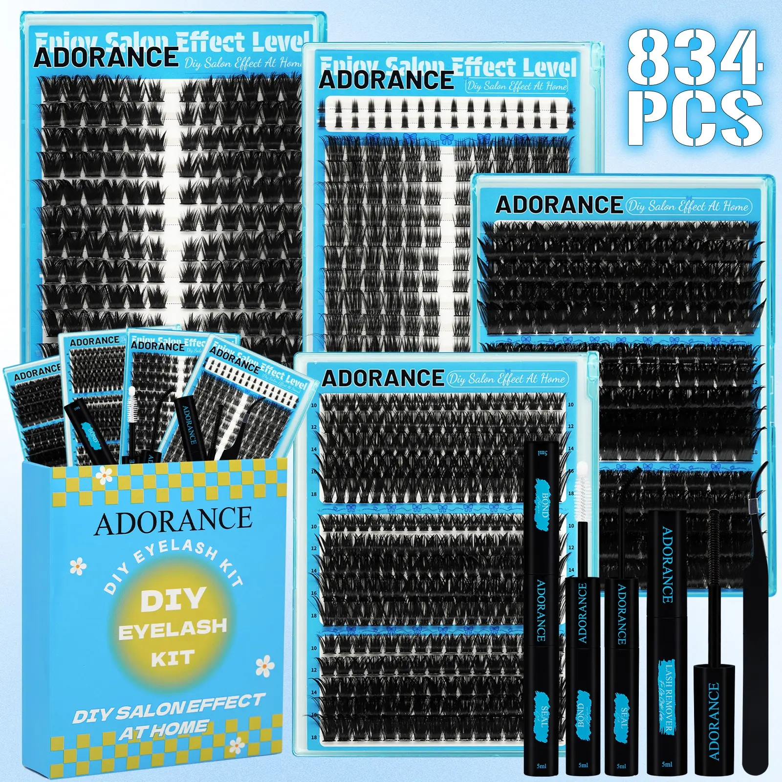 834 Pcs Eyelash Cluster Kit, D Curl 8 Mixed Styles Including Volume Fluffy Lashes, Cat Eye & Bottom Lashes, 5-18mm Mixed Lengths, Individual Cluster Eyelash Extensions with Bond & Seal, Lash Remover & Tweezers, Easy Apply DIY Lashes for Daily Makeup