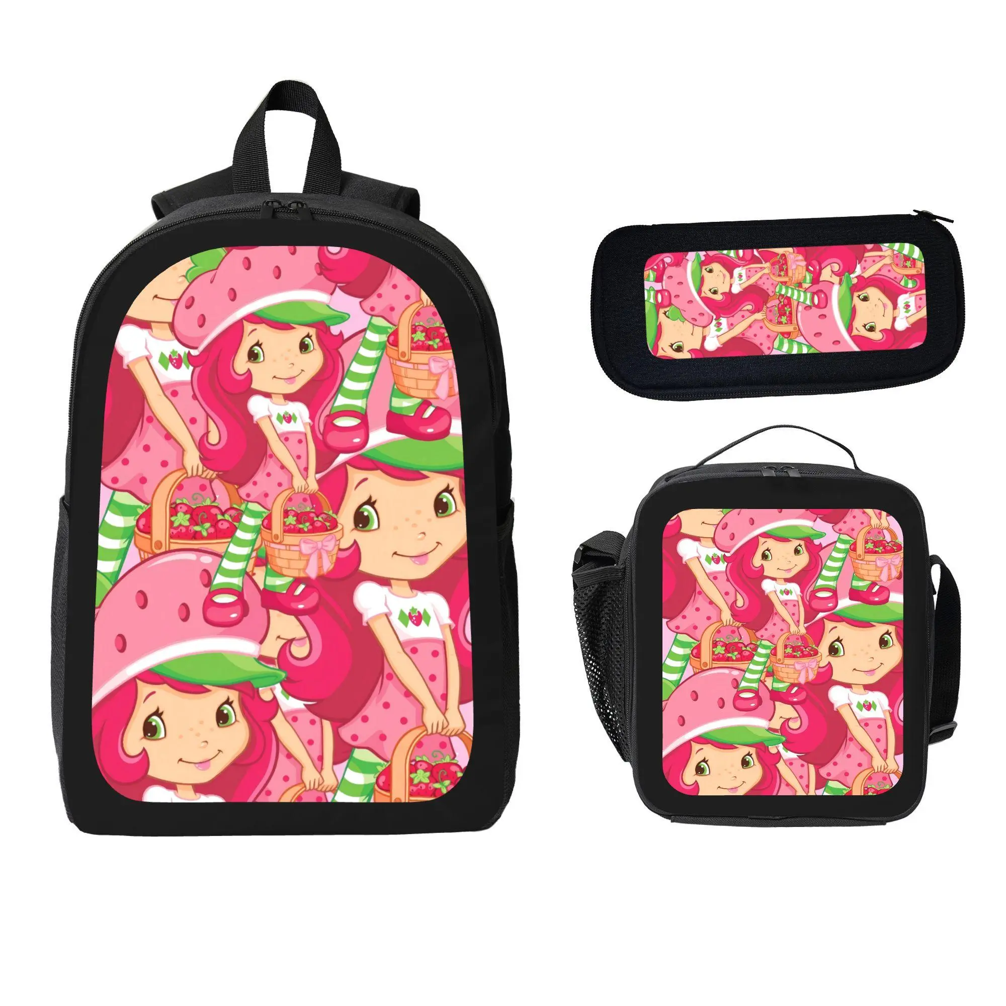 Strawberry Sweetheart Theme 3-Piece Student Backpack Set, Including School Bag, Pencil Case & Lunch Bag – Stylish and Practical for Daily Activities, Carries All Necessary Items, Keeps Pencils and Stationery Organized, Ideal for Carrying Lunch or Snacks