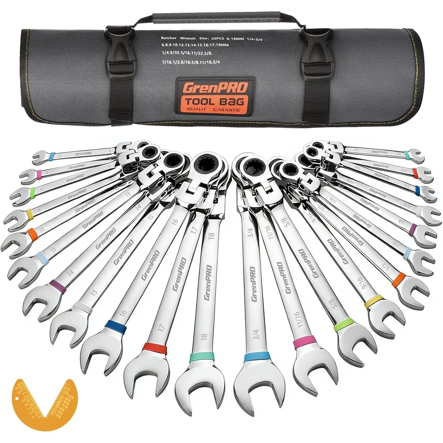 Ratchet Wrenches Set, 23PC Flex Head Ratcheting Wrench Set Metric and Standard & SAE, 6-18mm & 1/4" to 3/4" with Color Ring, CRV Open End Tool Organizer Pouch, Combination Ratchet Wrench Sets