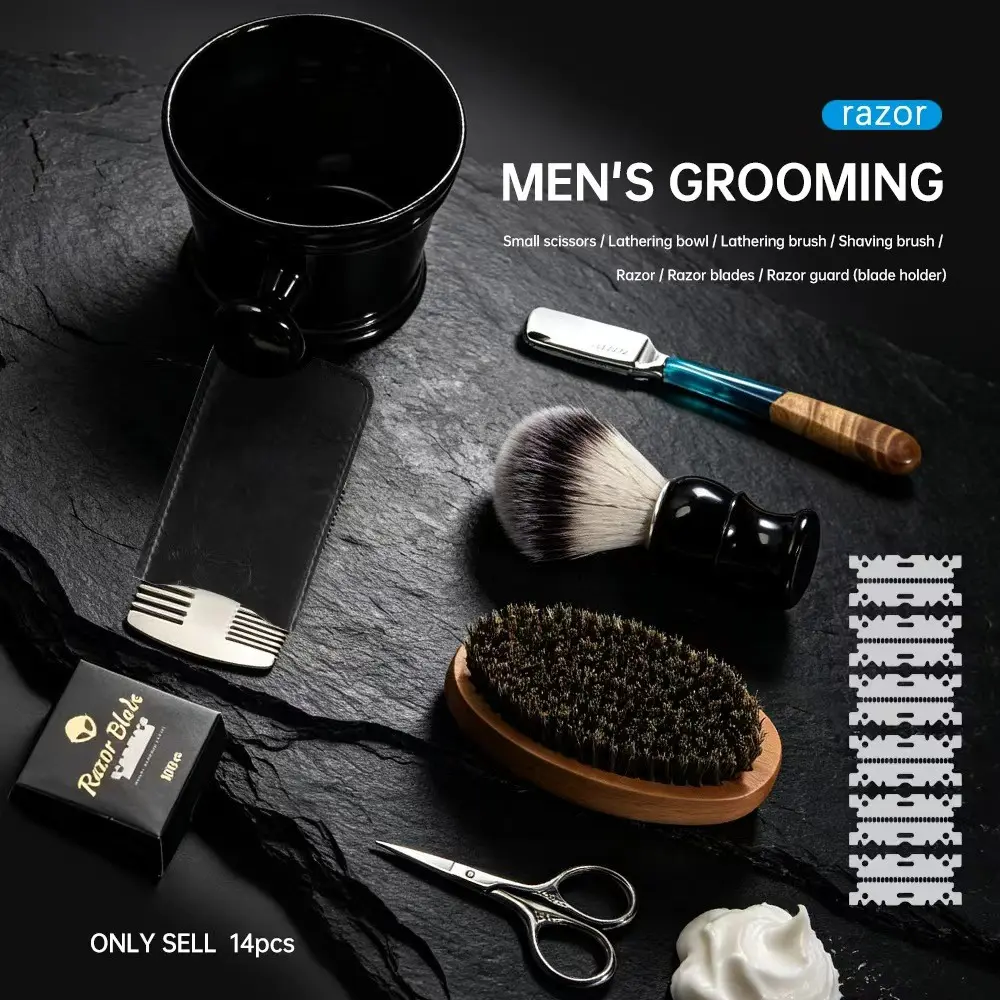 Men's Beard Grooming Kit 14 Piece Set, Vintage Straight Razor, Includes Foaming Bowl, Shaving Brush, Wooden Rasp, Hair Comb, Trimming Scissors, Replacement Blades