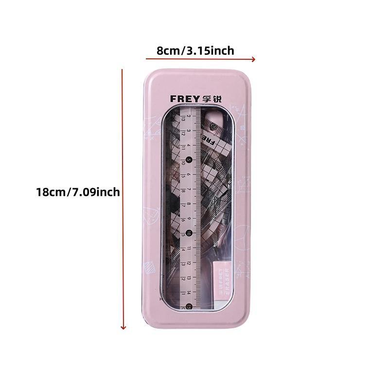 Ruler Set with Storage Box, Measuring Ruler, 7 Counts/set Including Compass & Ruler & Protractor & Eraser & Refill, Stationery Supplies for School Students Dormitory Home Office