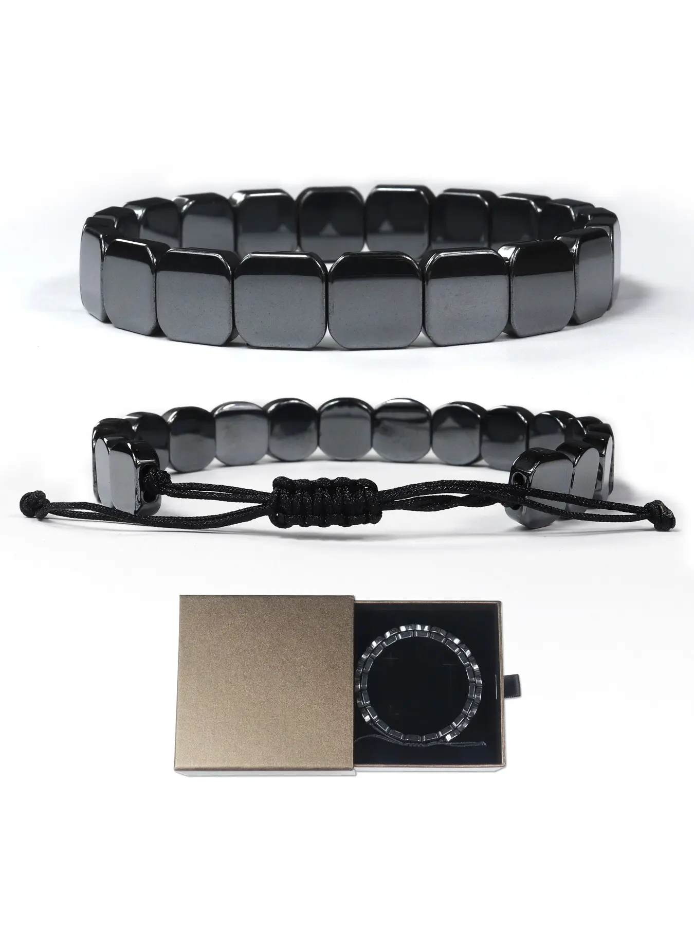 2PCS Natural Black Hematite Bracelet, Square Flat Bead Adjustable Braided Rope Healing Stone Bracelet, Minimalist Jewelry For Men Women, Bracelet Gift Box Included, Beaded Bracelets