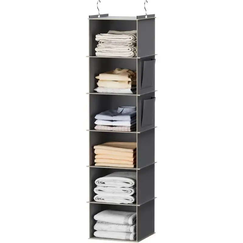 Space-Saving 6-Tier Closet Organizer Multi Rack, Closet Storage System, Clothes Storage Organizer, Foldable Hanging Storage Shelf with 2 Strong Hooks, Ideal for Wardrobe Organization, Clothes Storage Organiser