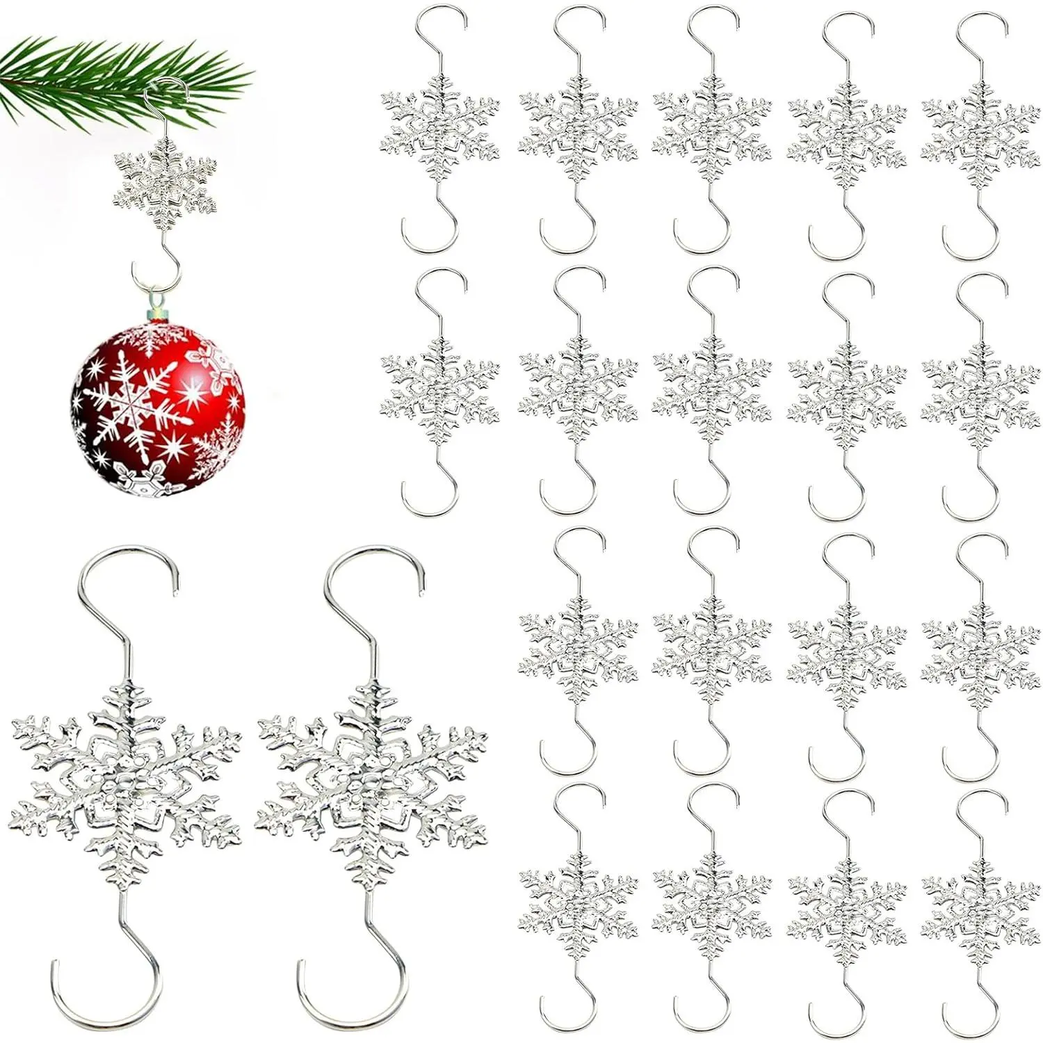 Snowflake Ornament Hook Hangers - 20PCS Gold & Silver Snowflake Decorative Tree Hangers for Christmas Holiday Decoration