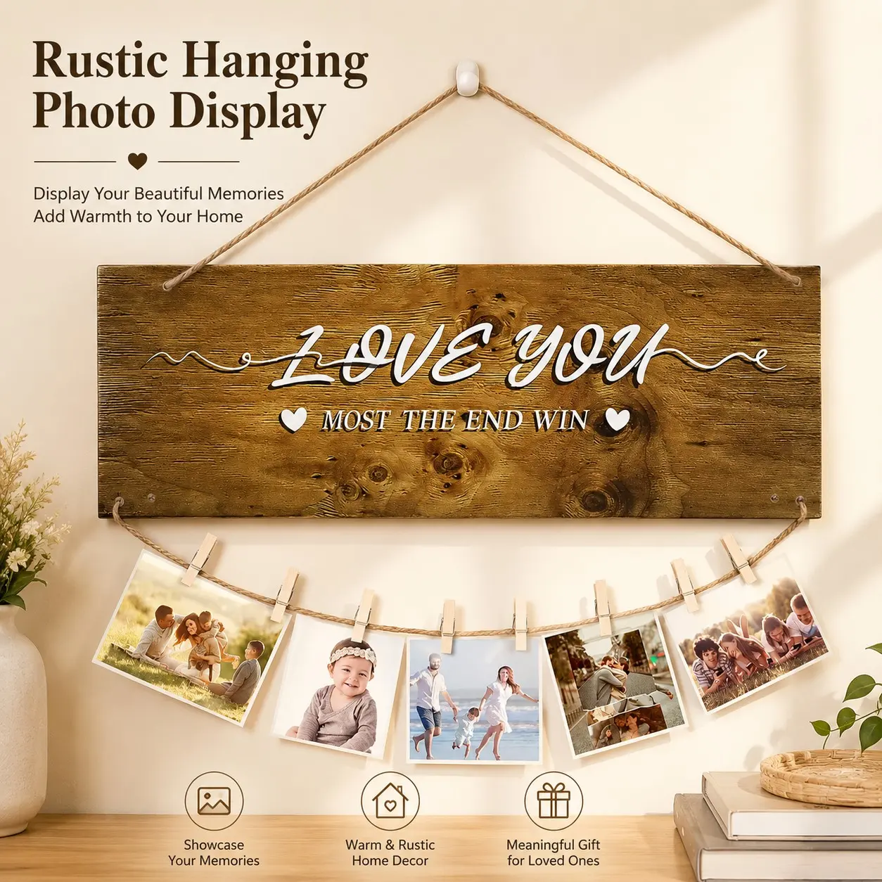 1 Pc Wooden Hanging Photo Display – Rustic Picture Holder with Clips, Wall Photo Hanger, Family Memory Board, Photo Collage Display, Postcard Holder, Polaroid Display and Wooden Wall Decor Sign, Farmhouse Wall Art.
