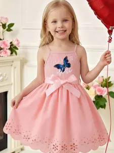 Girls' Butterfly Letter Print Belted Strap Dress, Multiple Colors Available, Comfortable Daily Wear, Perfect for Outdoor Play, Ages 3-8