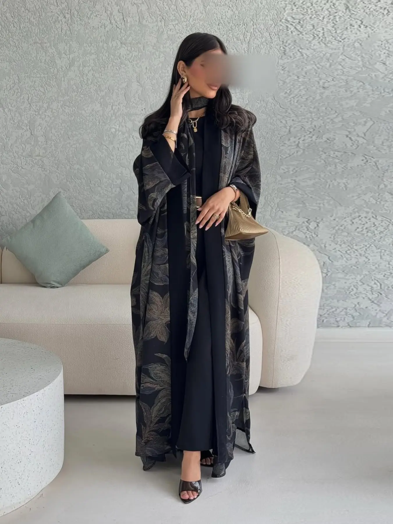 New Women's Fashion Shawl Long Robe Set with Headscarf, Chiffon Printed Trendy Outerwear, Loose-Fit Casual Coat for All Seasons