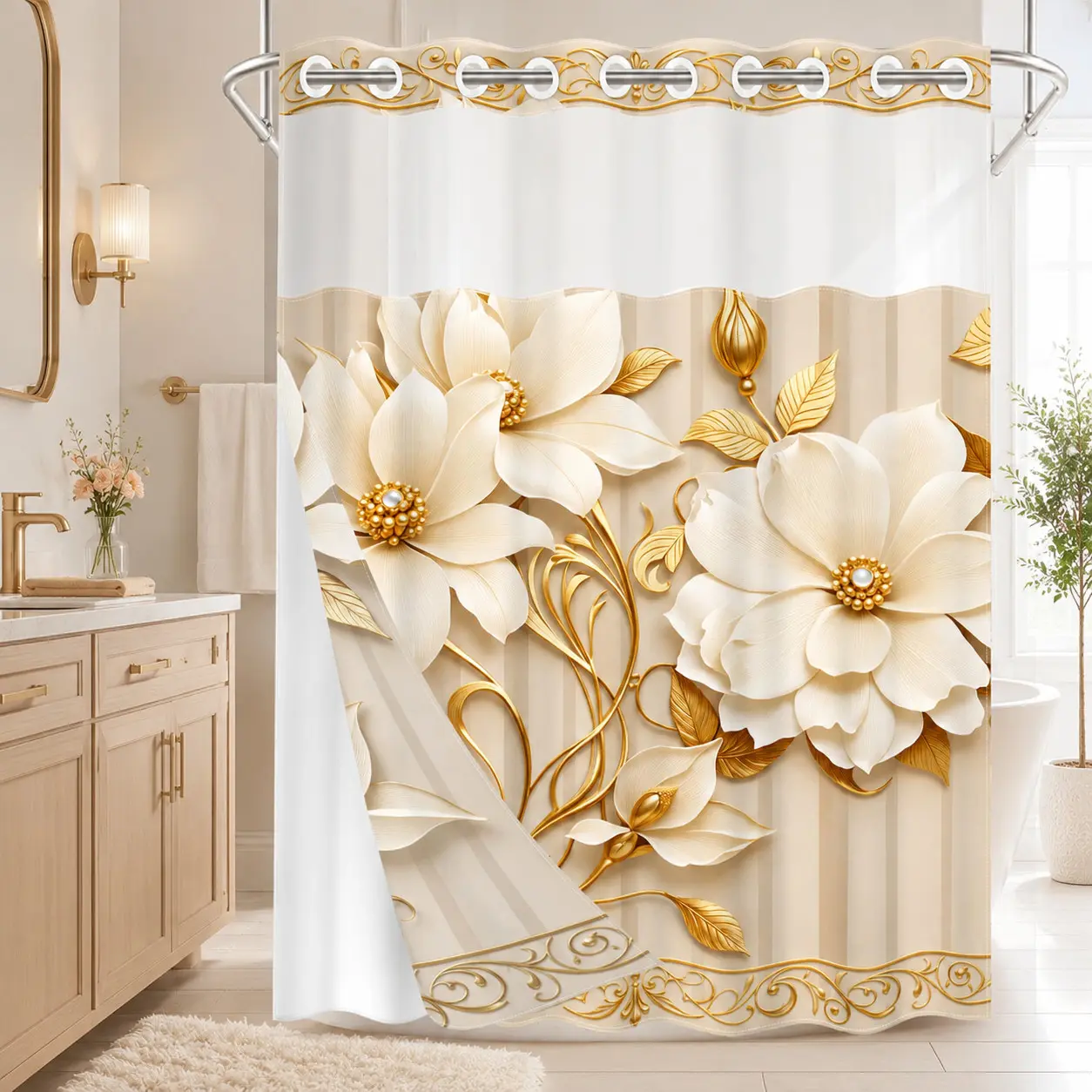 1PC 2D Flat Embossed White Floral, Gold Vine, Leaf & Pearl Pattern Double-Layer Woven Decorative Shower Curtain, No Hooks, Transparent Top Window, Removable Snap-On Liner, Elegant Luxury Bathroom Art Decor, Bathroom & Holiday Decoration