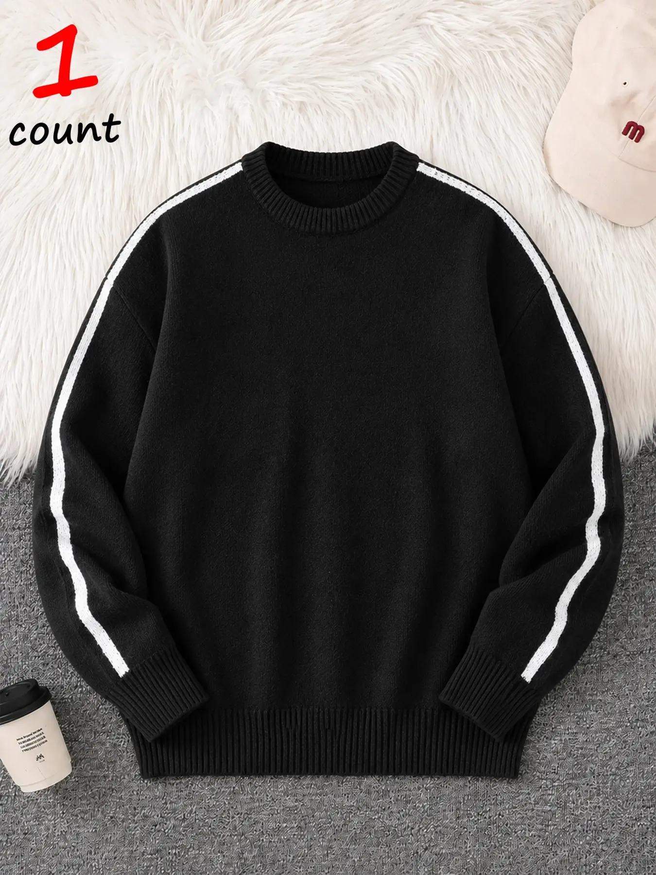 Men's Long Sleeve Striped Crew Neck Knit Jumper, Slim-Fitting Soft Thick Sweater, Fall Winter Streetwear Top, Unisex Daily Wear