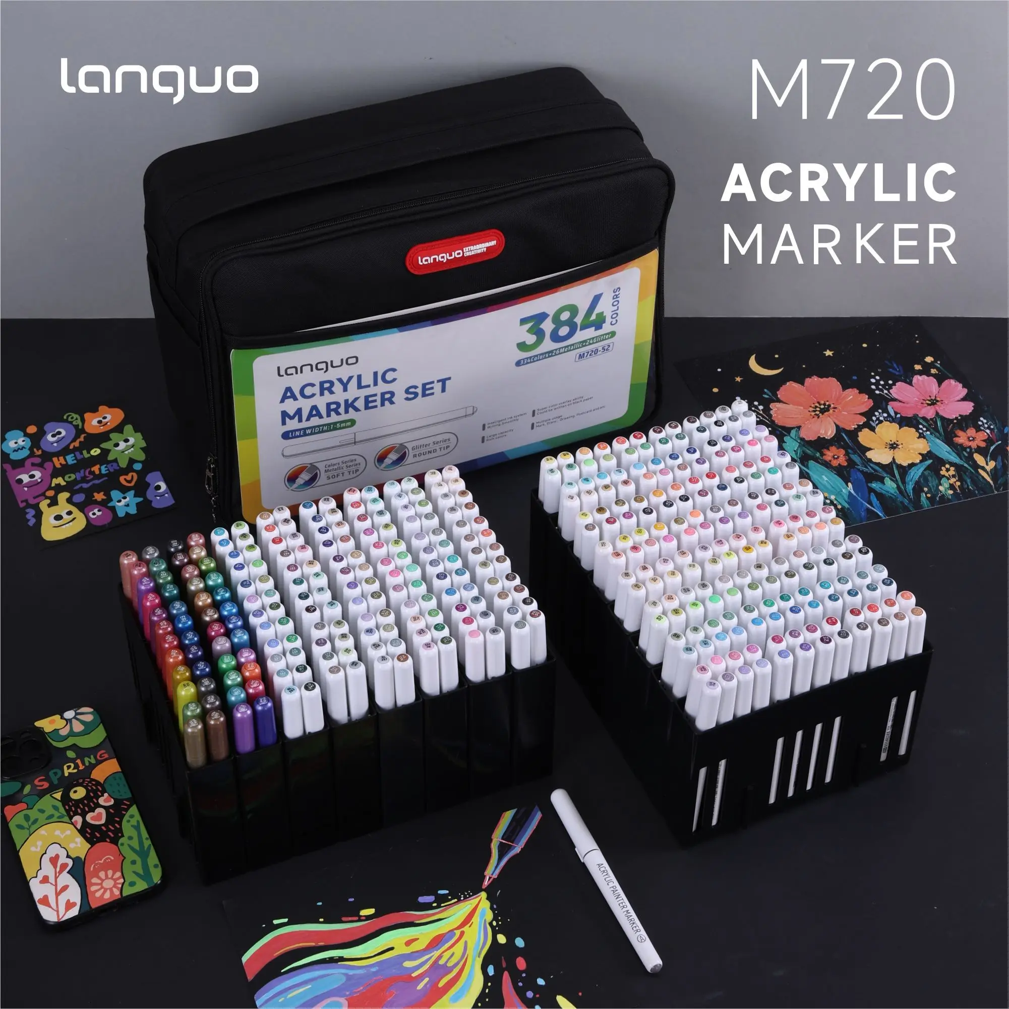 Languo 384-Color Acrylic Marker Set for Professional Art and Craft Projects Rich Blendable Colors, Quick-Drying and Versatile on Paper Fabric Wood Stone