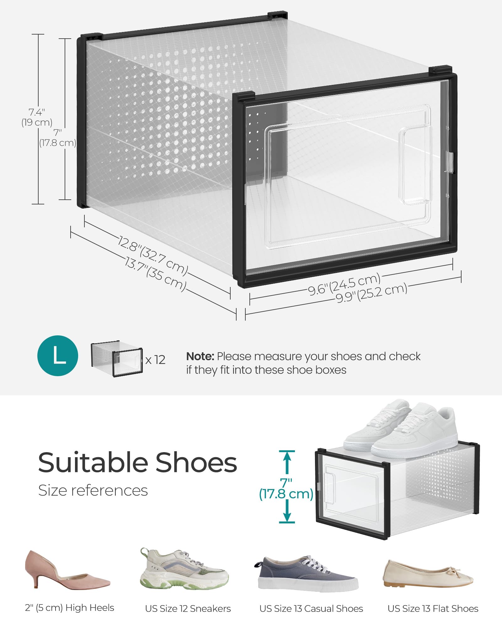 Shoe Boxes, 15pcs Shoe Organizers, Stackable Clear Plastic Shoe Boxes, Suitable for Closets And Sneakers, 13.1 X 5.5 X 9.2 Inches, Fits Up to US Size 9.5, White And Black.