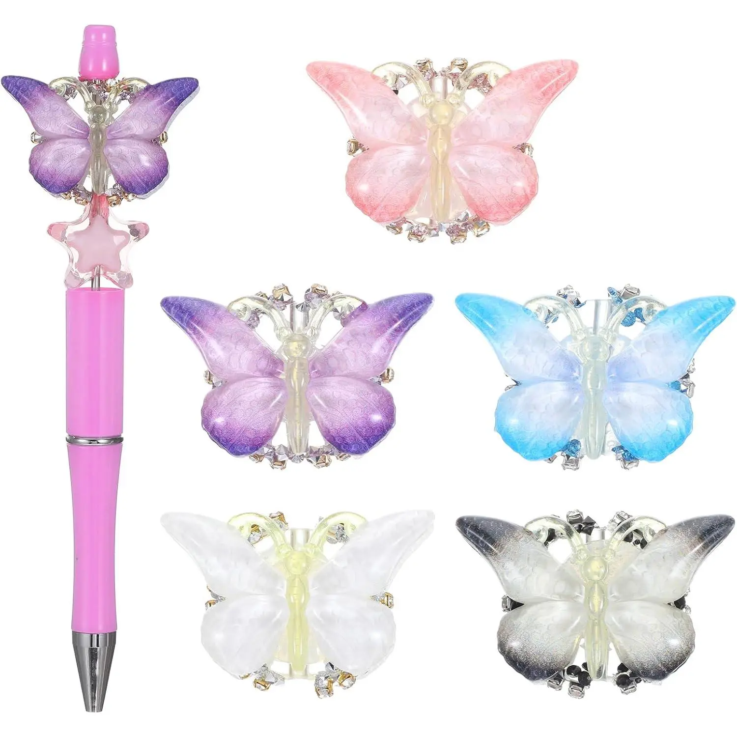 5 count Butterfly Focal Beads for Pens, Gradient Rhinestone Beads Pen Making Kit for DIY Fancy Pen Keychains, Craft Supplies Focal Beadable Pens Making