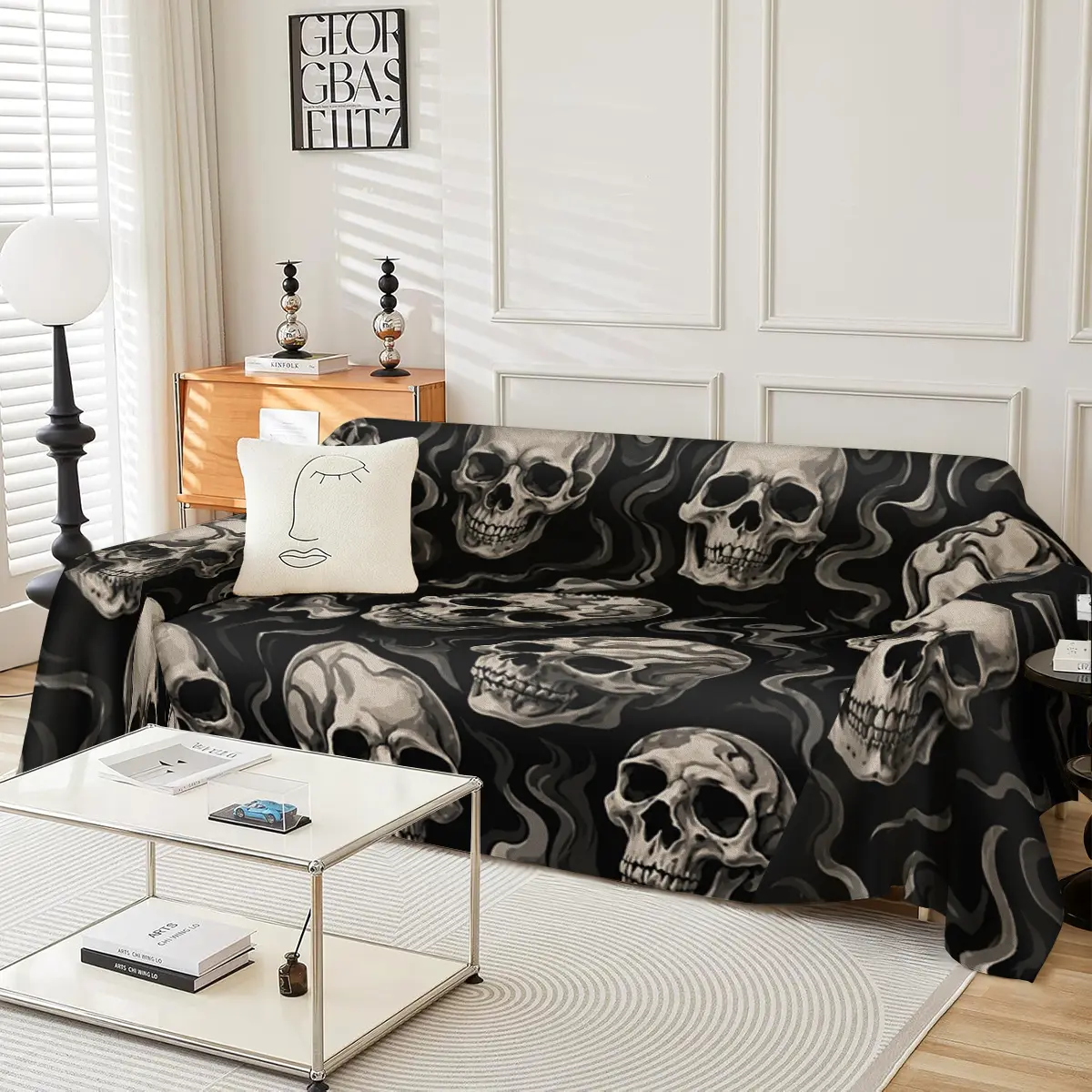 Black Skeleton Smoke Sofa Cover Multi functional Sofa Cover Four Seasons Suitable for decorating sofas in bedrooms, single to four seaters