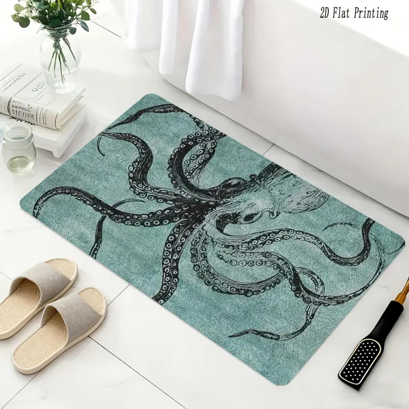1PC 2D Flat Blue Octopus Art Floor Mat, Summer Ocean Element Non-Slip Water Absorbent Quick Dry Bath Rug for Shower, Sink & Toilet Area, Modern Minimalist Mystic Style Decor Mat for Home & Office