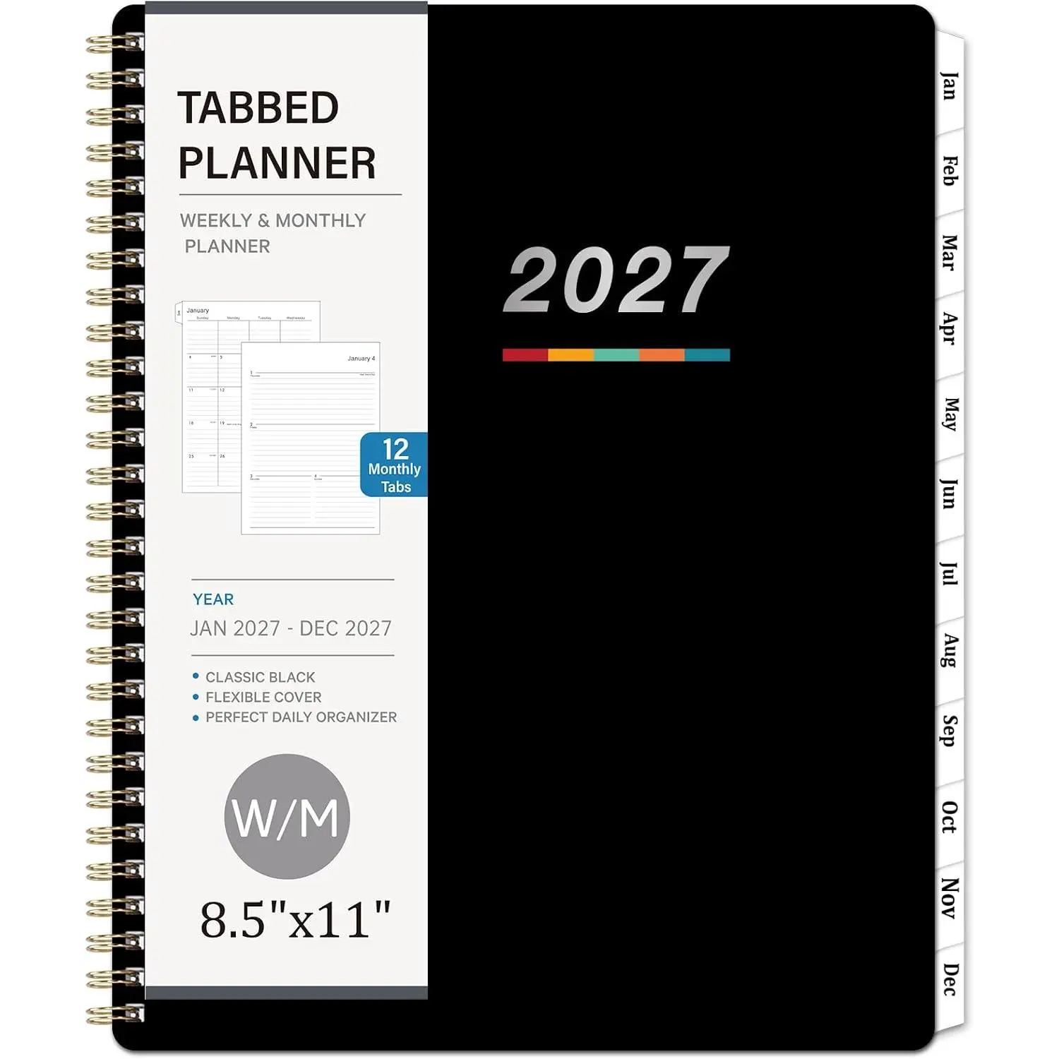 2027 Weekly and Monthly Planner Calendar, January 2027 - December 2027 | 8.5" x 11", Planner 2027 with Monthly Tabs, Spiral Binding, Thick Paper, Storage Pocket - Classic Black