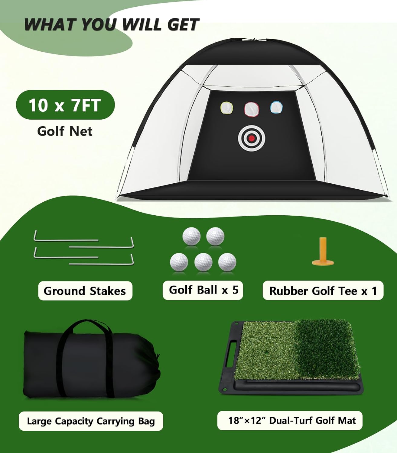 Golf Net for Hitting Practice, 10 x 7FT Golf Training Net with Mat and Target for Backyard, Indoor Outdoor Use, Driving Nets for Chipping, Hitting, Swing,