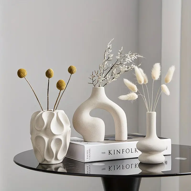 Three-piece Bohemian ceramic abstract vase set - Boho Vase, Modern Nordic minimalist style, round and doughnut shapes, geometric patterns, suitable for fashionable home decoration, living room, entrance, coffee table, decorative gifts