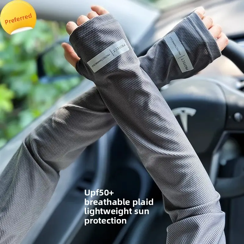 Unisex Summer Cooling Sun Arm Sleeves UPF50+ Anti-UV Ice Silk Mesh Plaid Sleeves With Thumb Hole, Loose Fit Lightweight Dirt Resistant Arm Guards for Car Driving Motorcycle Fishing Hiking Golf Travel
