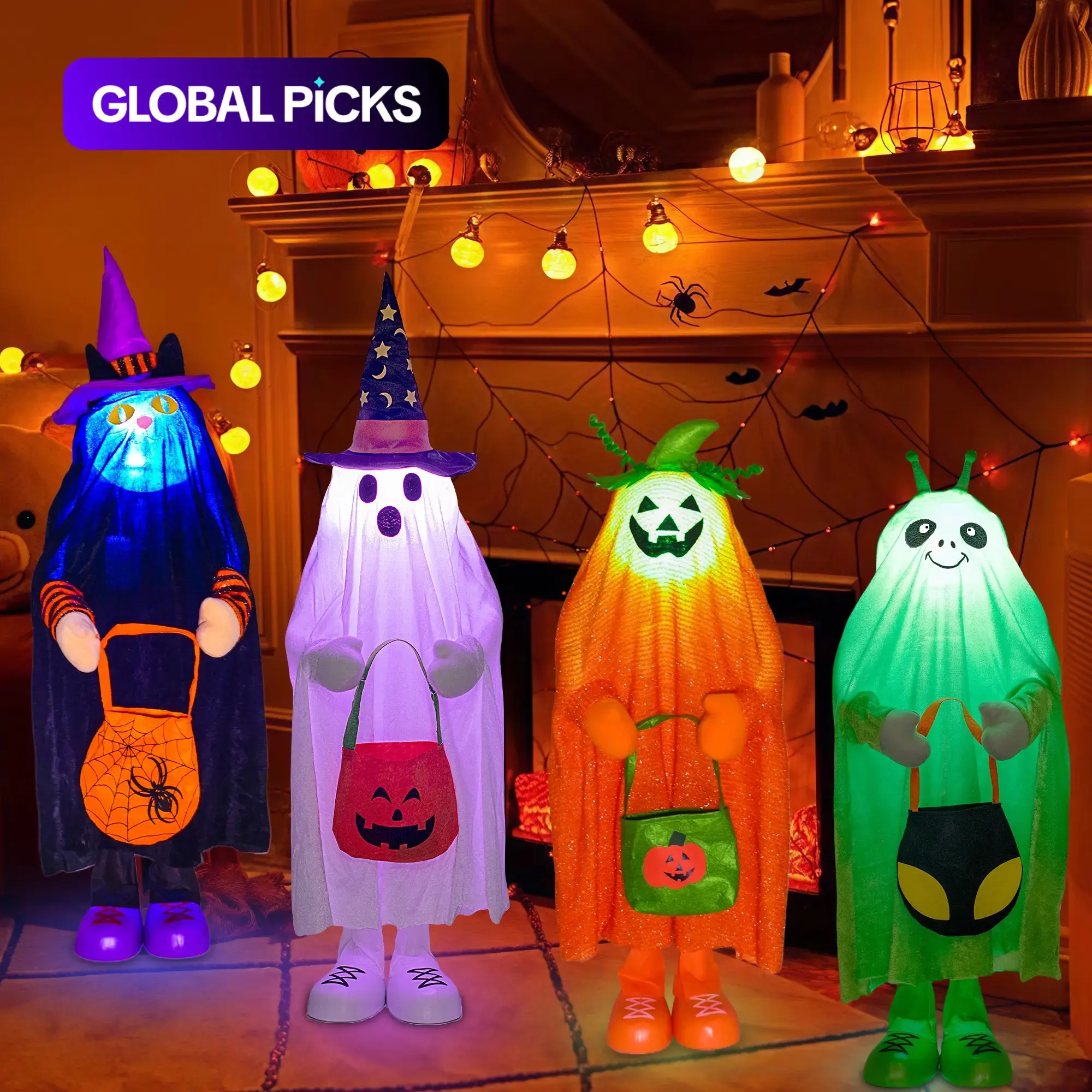 Standing Halloween Decoration with LED Lights, Battery-Powered, 5 Styles, Perfect for Courtyard, Living Room, Fireplace
