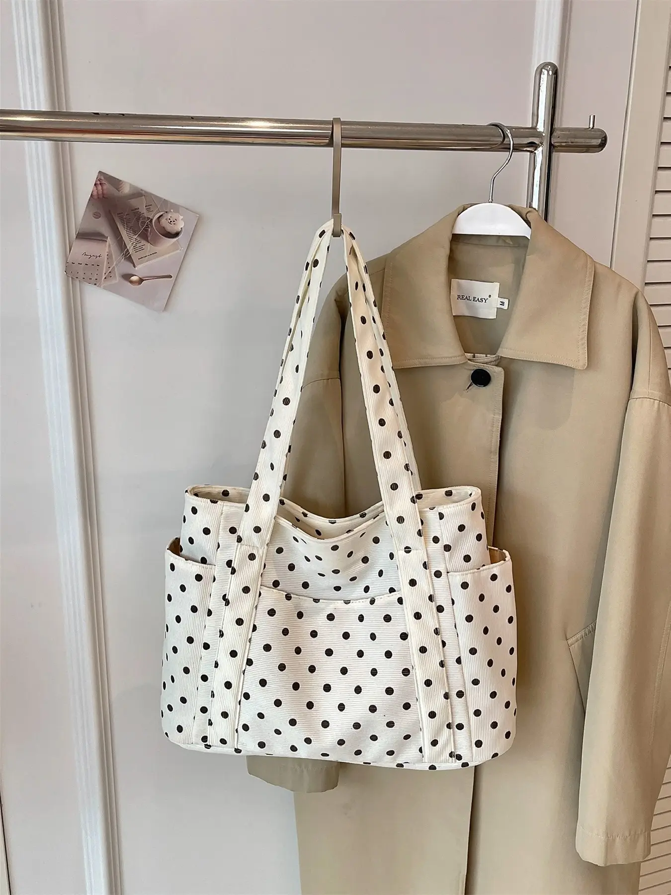 Women's Vintage Polka Dot Canvas Fashion Tote Bag, 4 Colors Multi Pocket Large Capacity Handbag, Front Zip Pocket Side Slip Pockets Minimalist Casual Shoulder Bag for School Shopping Daily