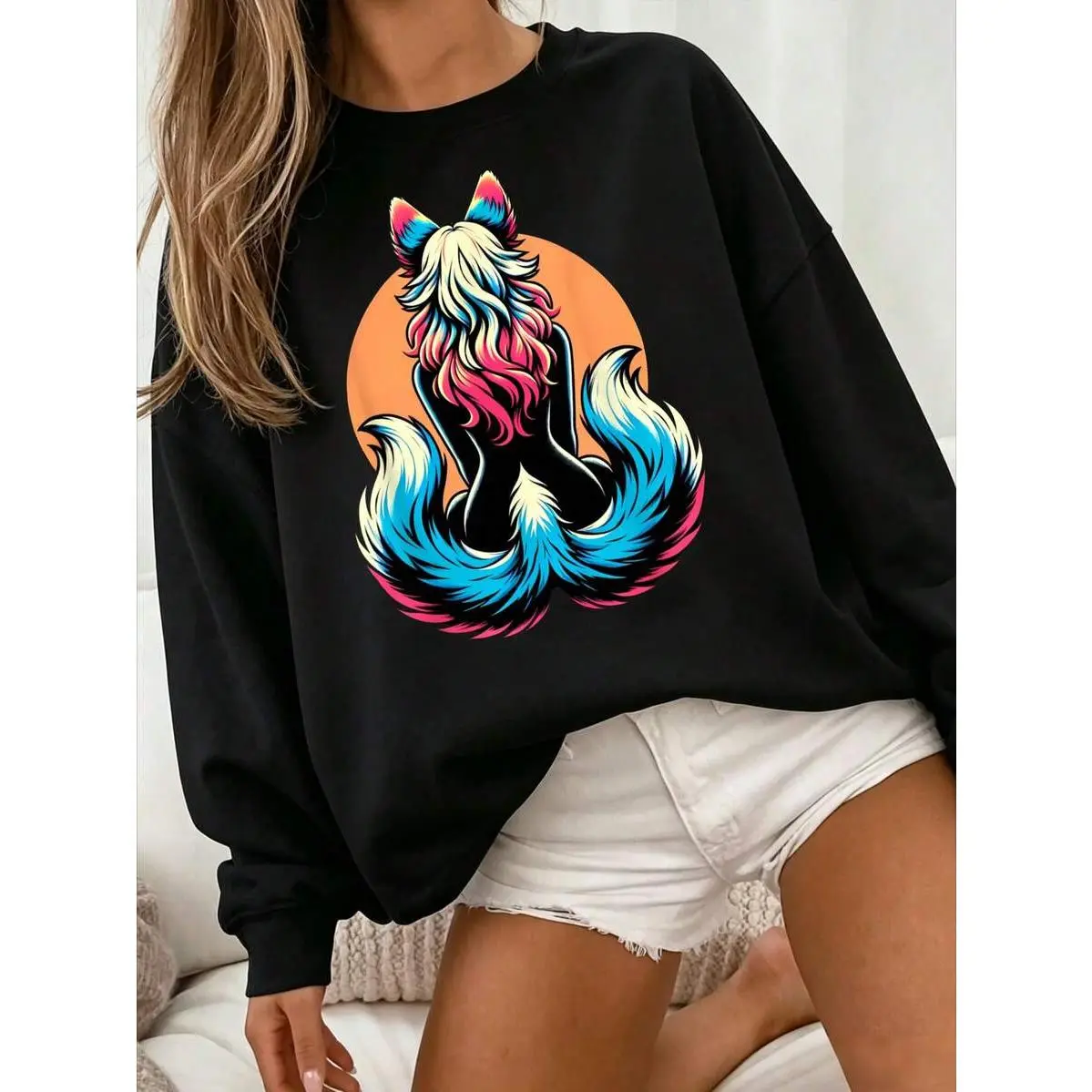 Casual Oversized Crewneck White Pullover Sweatshirt For Women, Colorful Fox Graphic Loose-Fit Long-Sleeve Tops, Y2k Student Fall Outfits Gift