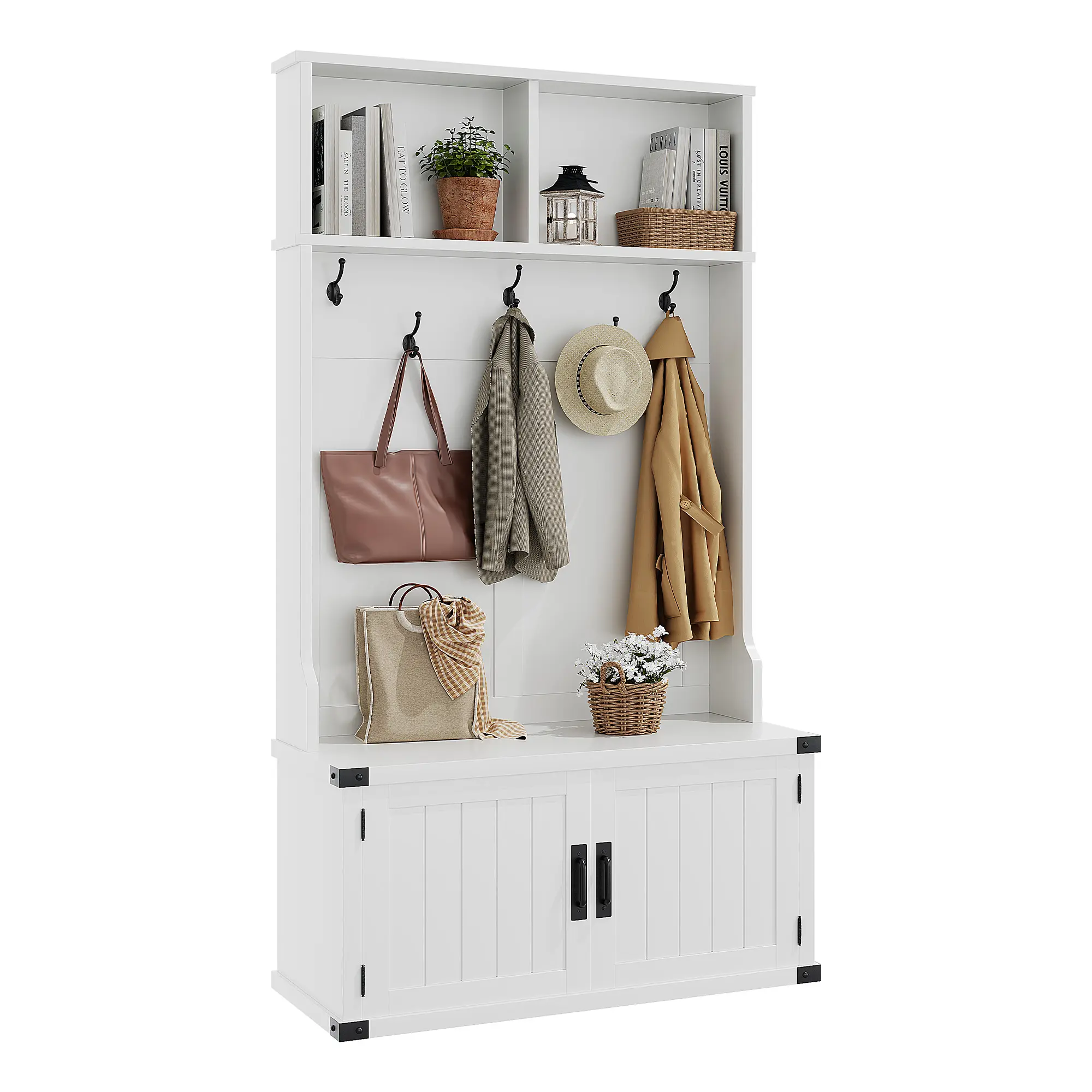 Hall Tree with Bench and Shoe Storage, 77" Tall Farmhouse Entryway Bench with Coat Rack and Mudroom Organizer Cabinet, Space Saving Furniture for Entryway, Hallway and Living Room