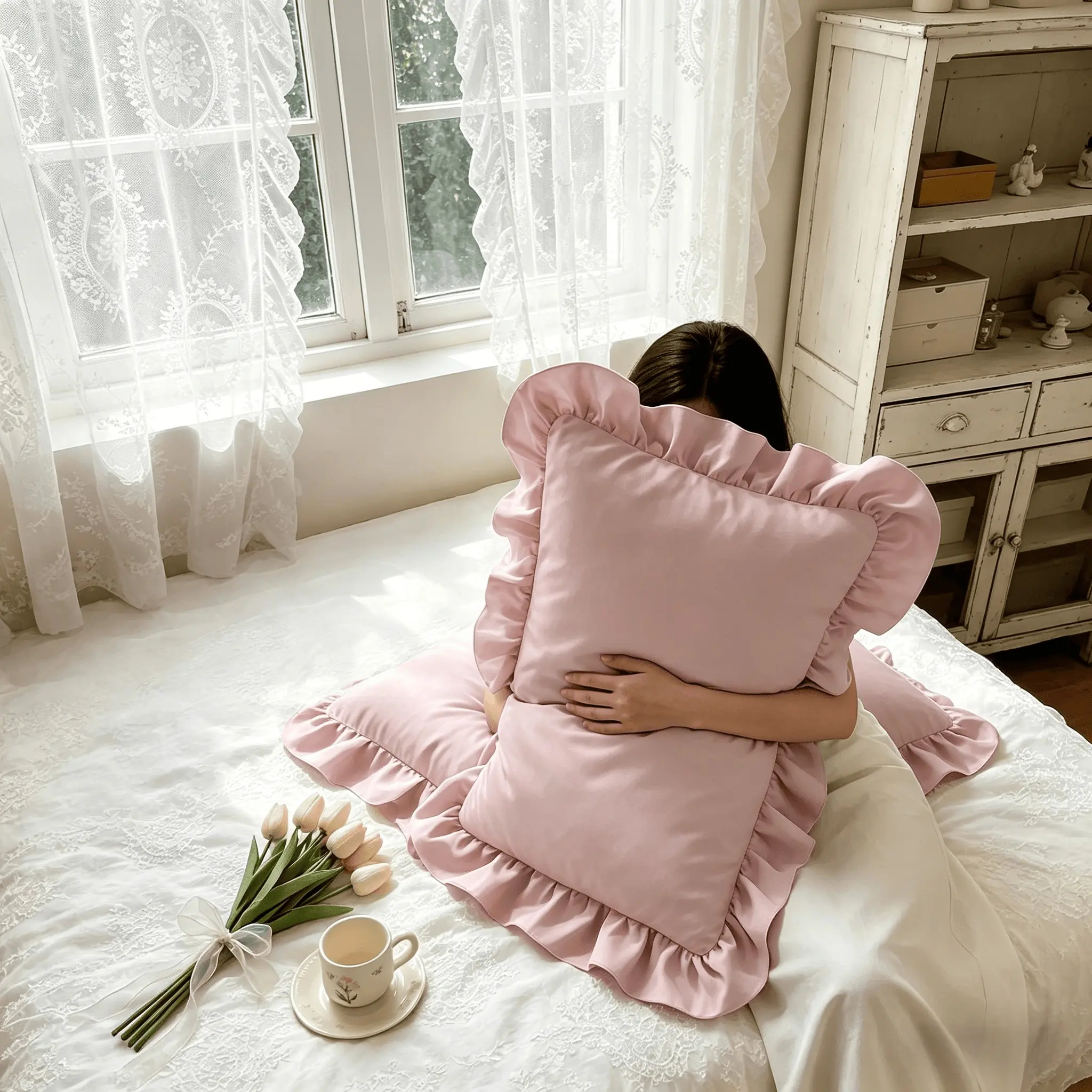 2 Piece French Vintage Ruffled Pillowcases, Bed Linens, No pillow core Soft Comfortable Breathable Skin-Friendly, All-Season Use, Bedroom Sofa Home Decor (no Pillows)