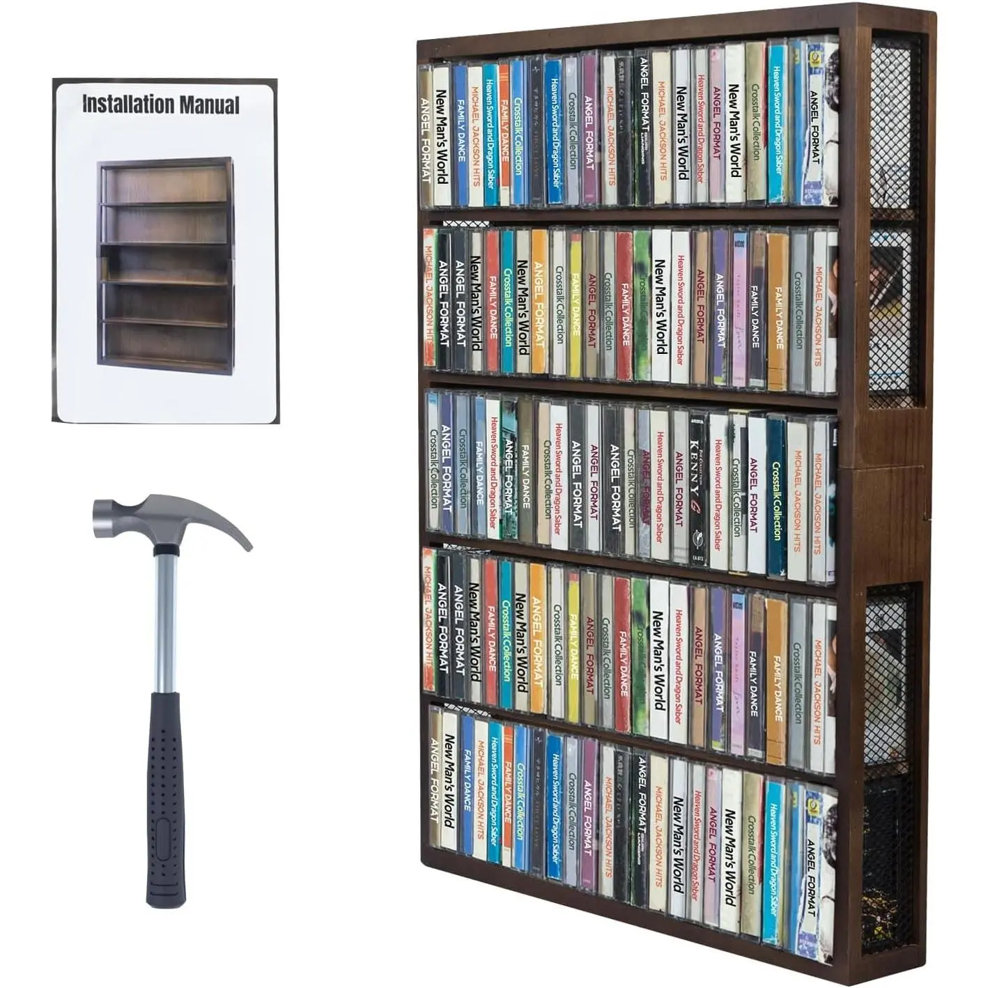 Wooden Cassette Tape storage Rack,Large Storage,Hold up to 115 cassette tapes,Wall Mountable,17 * 25.4 * 2.75 inches,Perfect for Cassette Collections,wire mesh on both sides,Rustic
