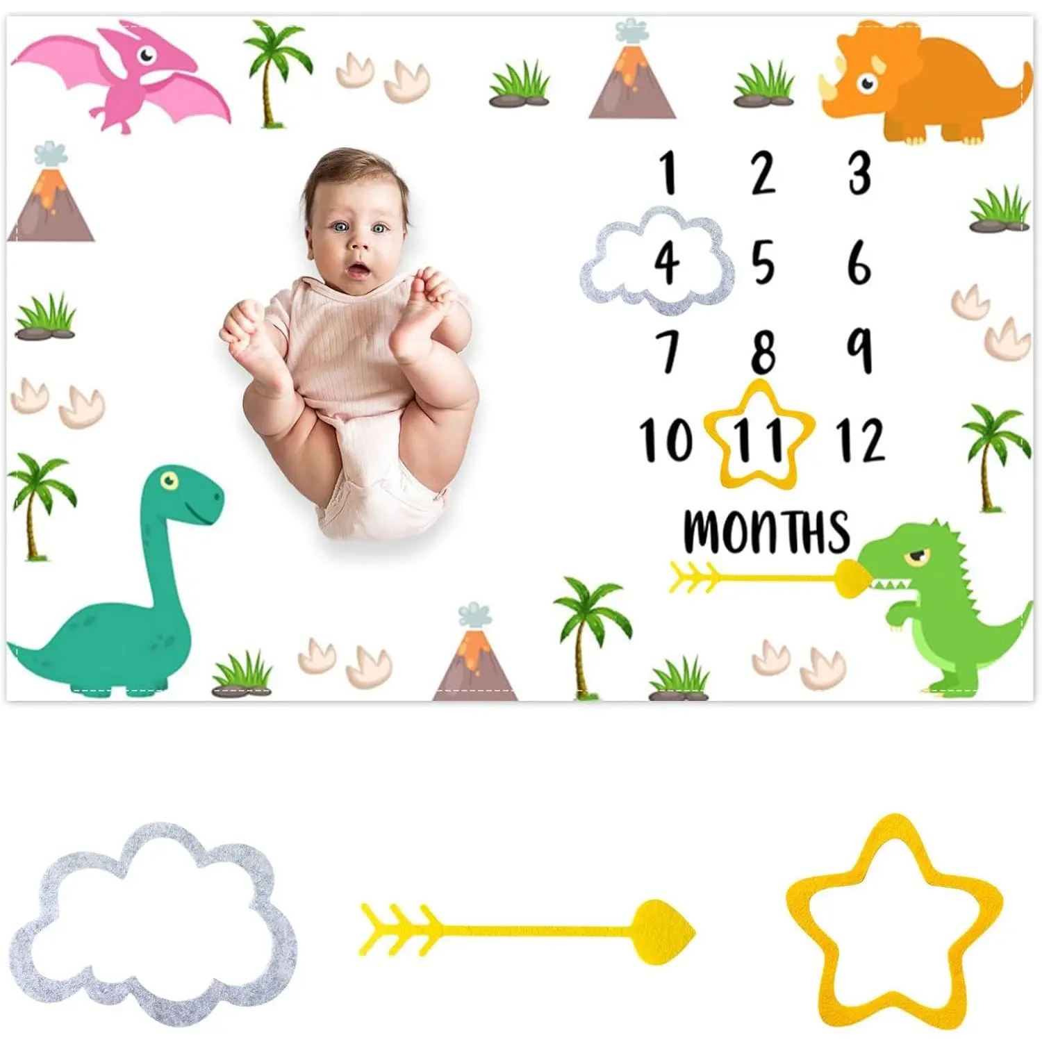 Dinosaur Theme  Monthly Milestone Blanket Primitive   Volcano Decoration Photography Background for  Shower  Growth Record Prop, 60"x40" with Frames