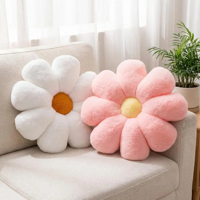 2 Pcs Flower Pillow Set for Teen Girls Bedroom Preppy Room Decor |   Pink White Set,15 Inch, Faux Plush,Soft and Fluffy, Daisy Shaped, Aesthetic Cute Decorative Throw Pillows for Bed Couch Chair