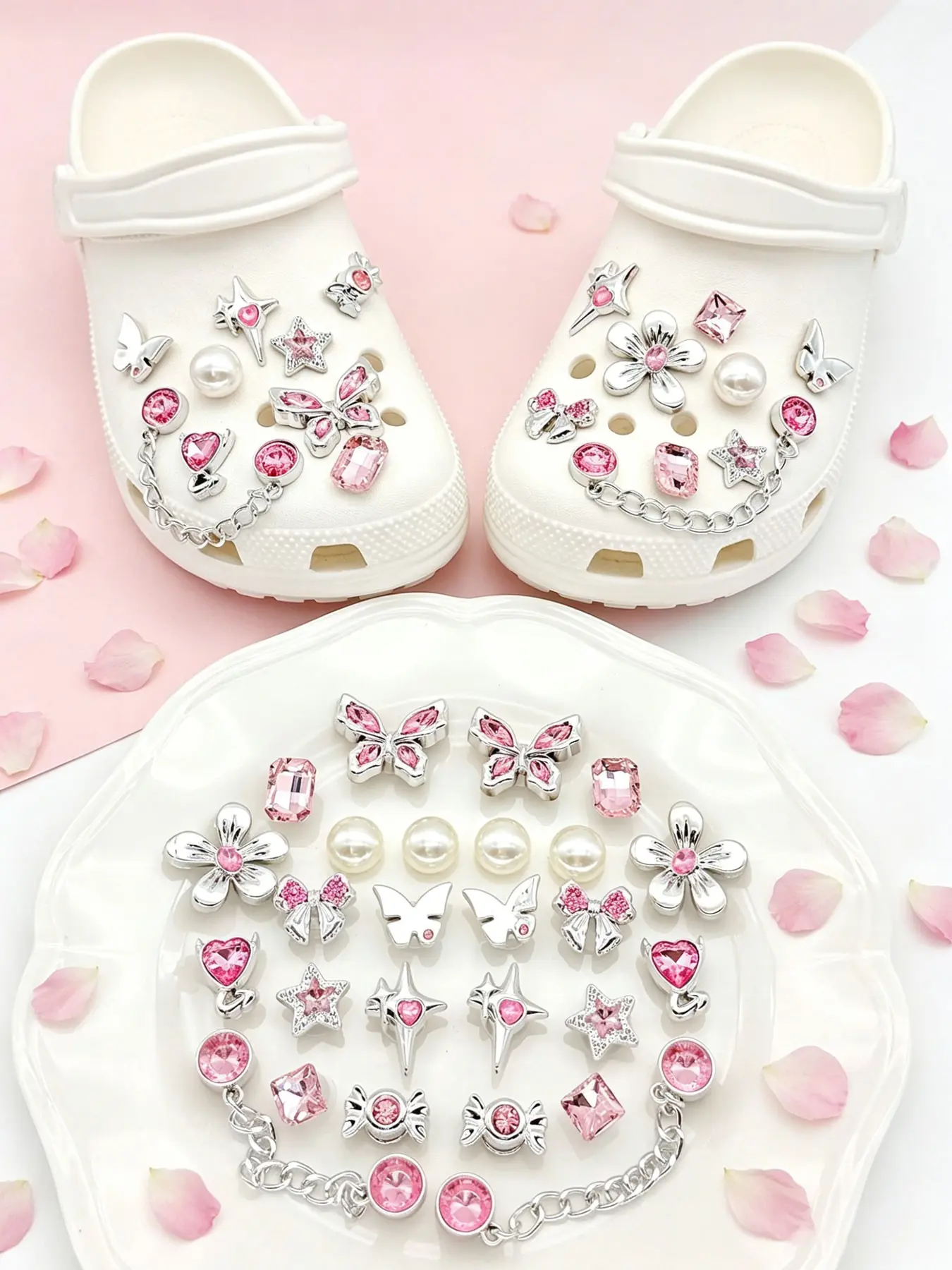 26 Pcs Silver Color Rhinestone Butterfly Star Heart Flower Shoe Charms Set, Compatible with Sandals Flip Flops, DIY Decorative Accessories, Rhinestone Shoe Decoration