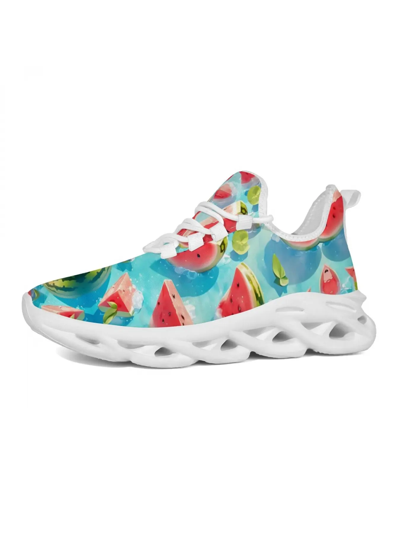 Summer Watermelon Print Mesh Running Shoes For Women Men, Cute Fruit Slice Blue Water Pattern Blade Sneakers Lightweight Breathable Walking Athletic Trainers Casual Daily Footwear