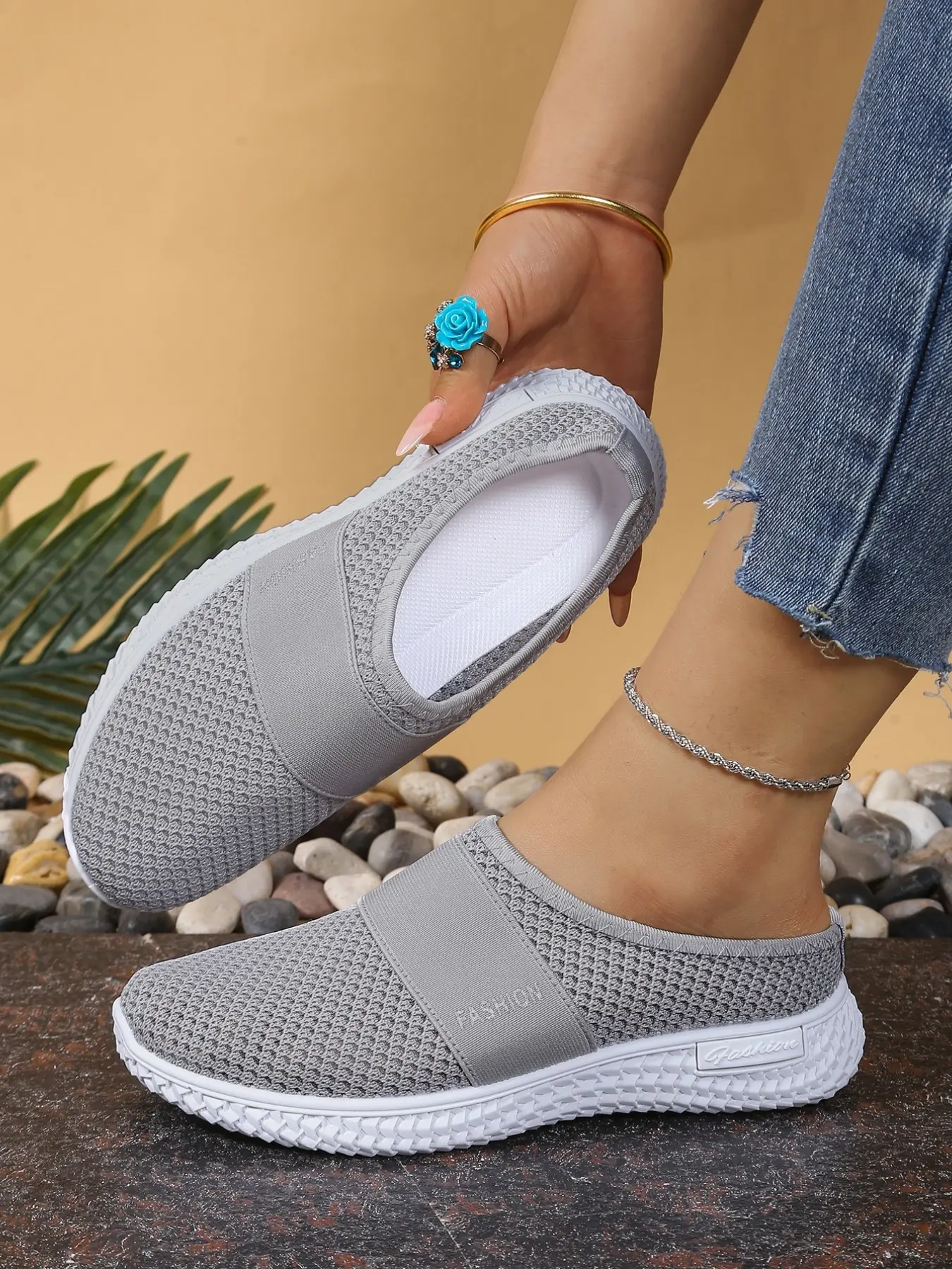 Women's Breathable Mesh Slip-On Half Slipper Mules, Soft Sole Rubber Anti-Slip Lightweight Shoes, Comfortable No-Heel Lazy Casual Footwear