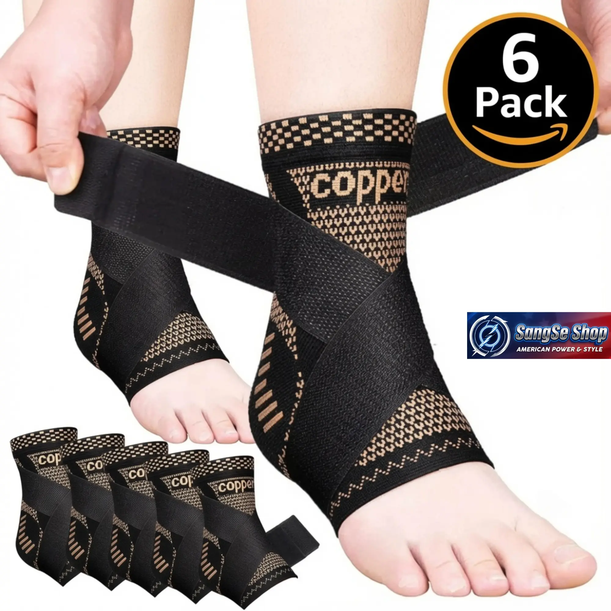 Ankle Brace 6-Piece Set, Copper-Infused Adjustable Wraps & Compression Sleeves for Men and Women, Support for Plantar Fasciitis & Sprains, Healthcare
