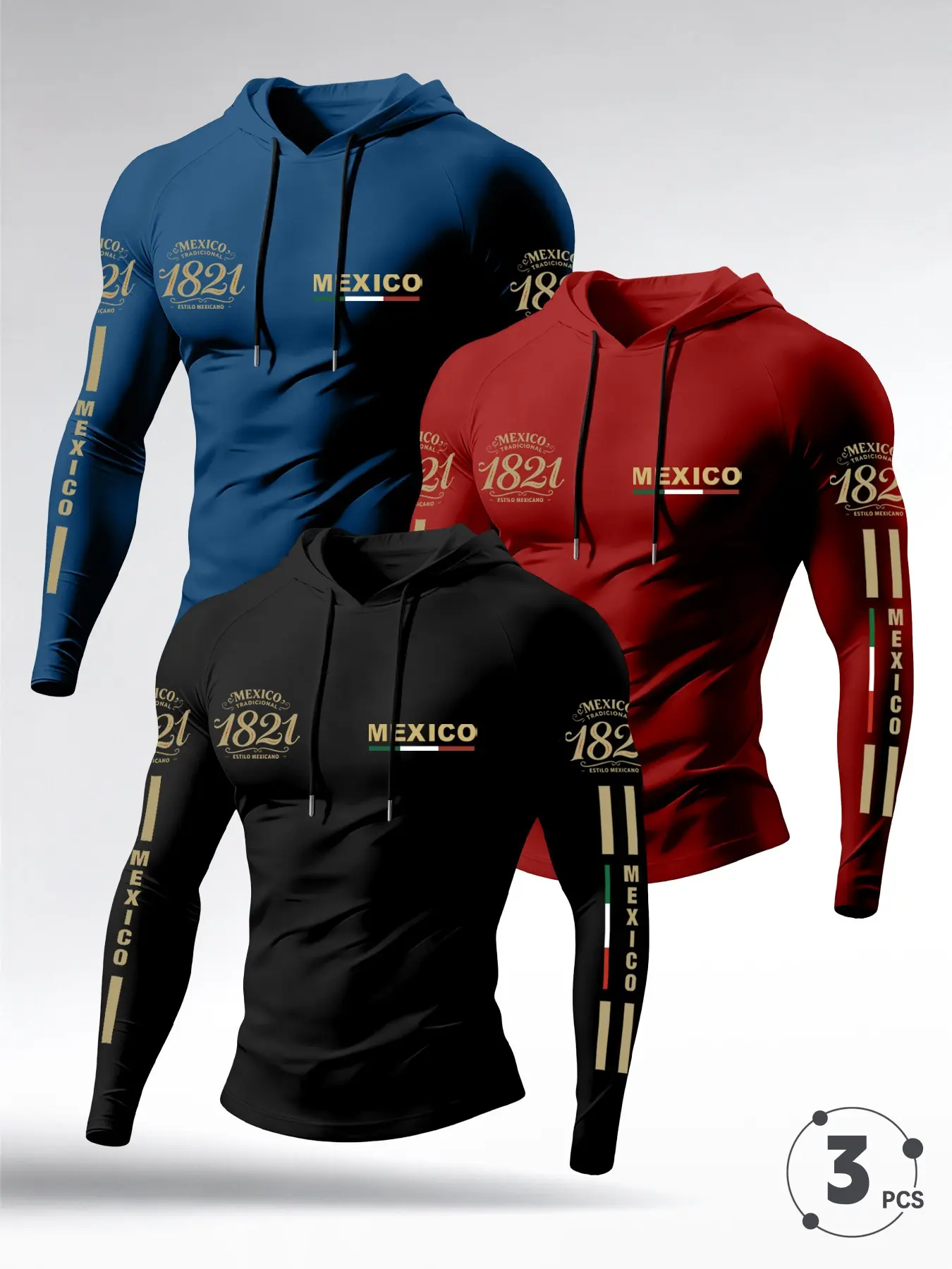 3-Pack Mexican Style Hooded Tight Long Sleeve, Vintage 1821 Print Elastic Sportswear, Athletic Streetwear, Comfortable Fashion Men's Daily Wear T-Shirts