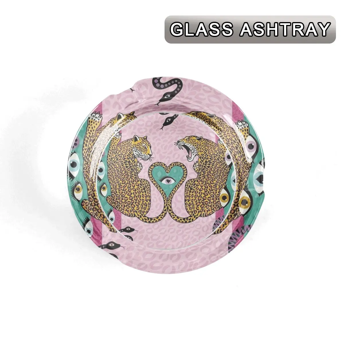 1Pc Round Glass Ashtray with 3 Cigarette Slots, Bohemian Double Leopard Heart & Mystic Eye Snake Art Print Decorative Cigarette Ash Tray, Anti-Slip Base Tabletop Ash Holder for Home Bar Indoor Outdoor, Unique Novelty Smokers Gift