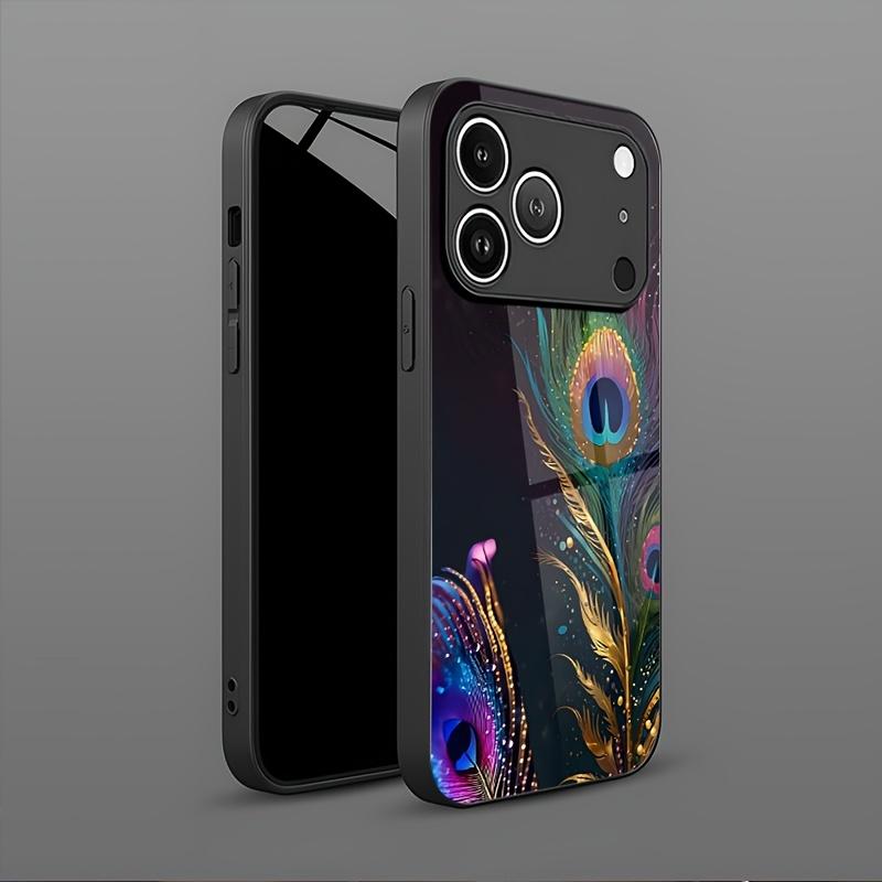 Phone case: Peacock Feather Colorful Shimmering Print Pattern Elegant Style Tempered Glass Phone Case with Minimalist Design, Compatible for iphone17 17Air 16 Pro 15 Promax 14 Plus 13 12 11