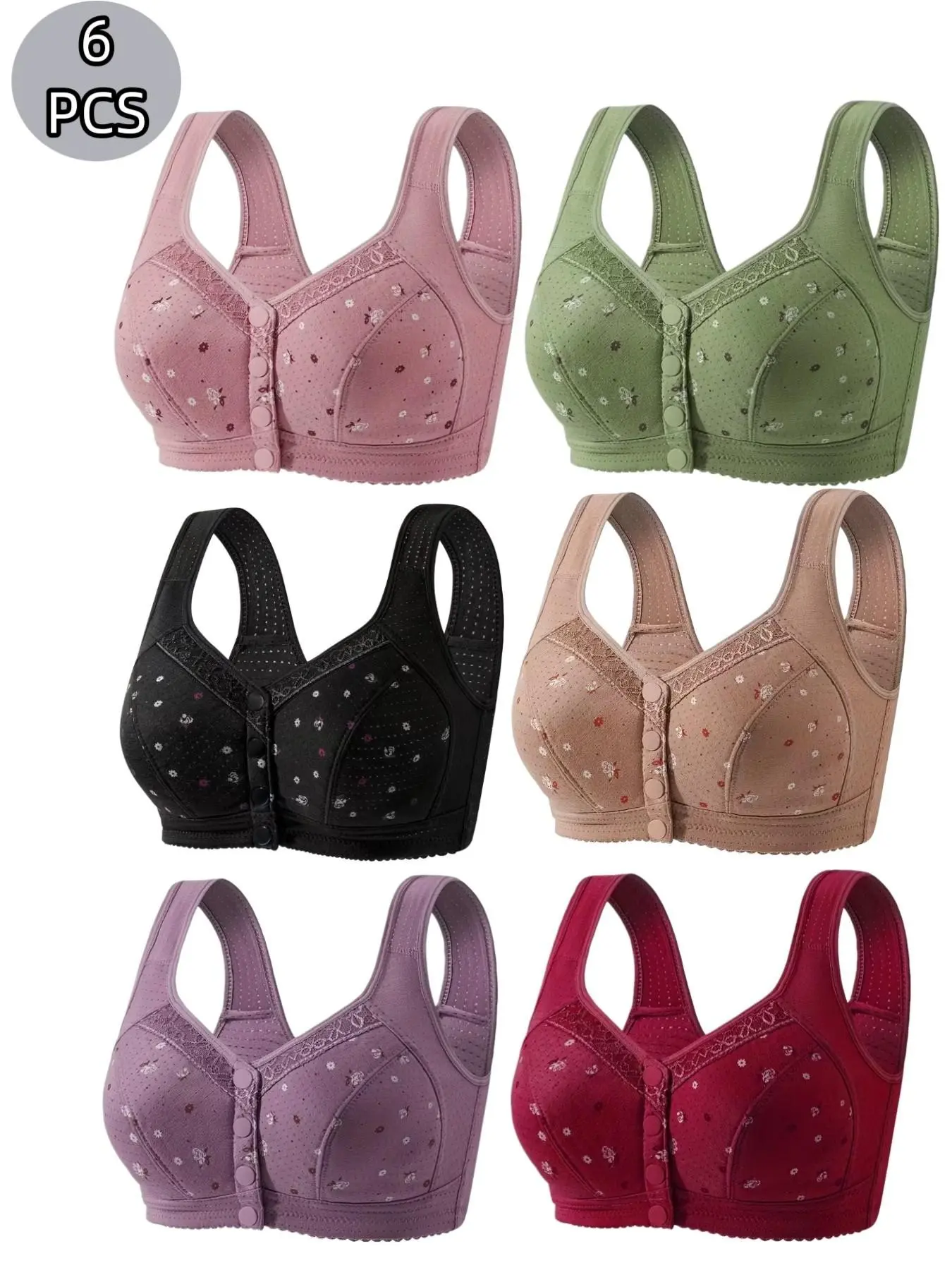6-Pack Women's Lace Seamless Everyday Bras, Wire-Free Front Clasp Push-Up Underwire Free Bra, Breathable Soft Fabric, All-Day Support