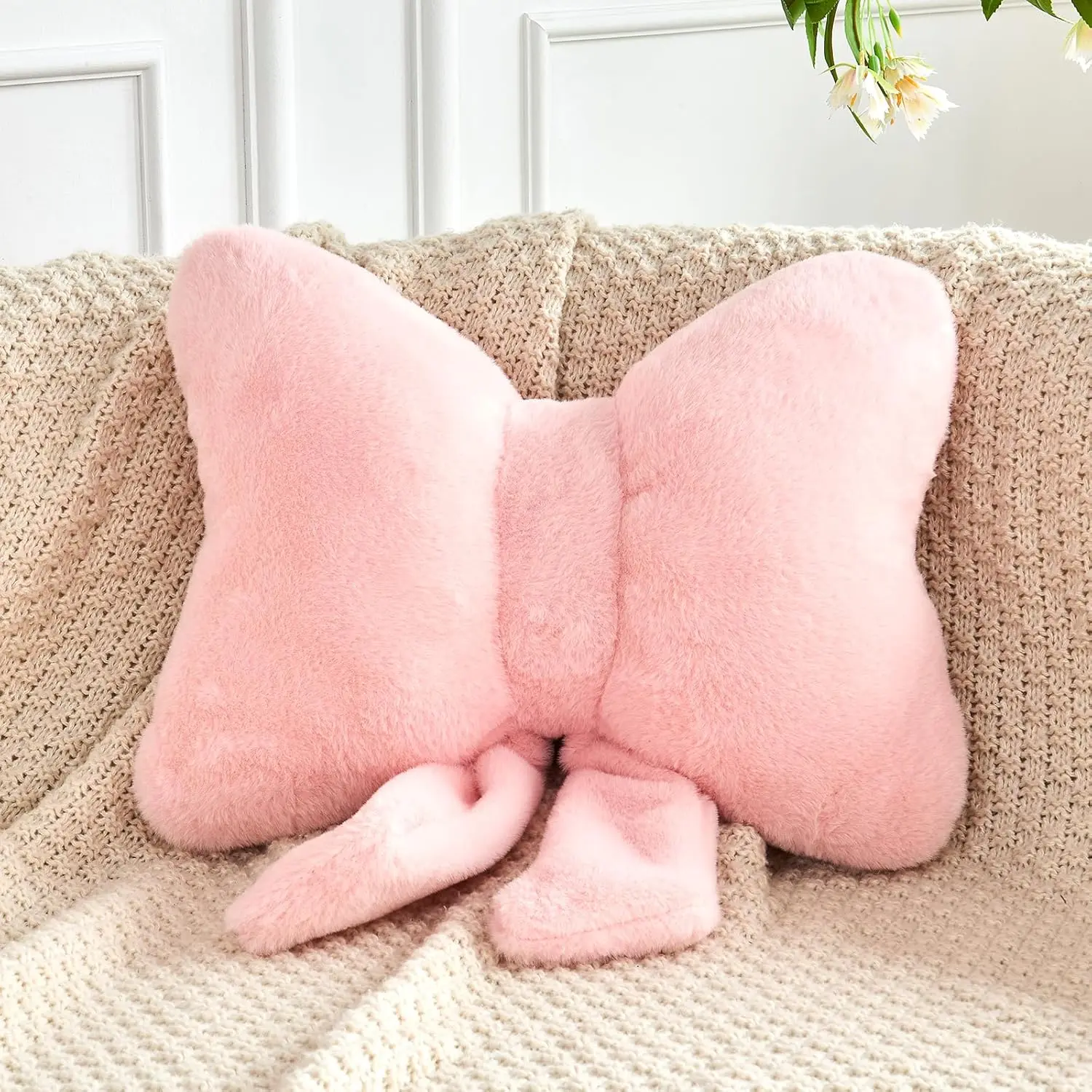 Pink Bow Pillow, Soft Bow Decorative Pillows with Faux Fur, Cute 12" Bow Throw Pillows, Home Decor Bow Plush Pillow for Bedroom Sofa Couch