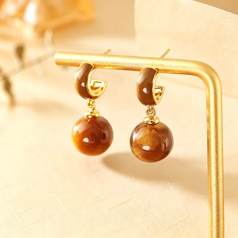S925 Silver Post Natural Stone Maillard Caramel Tiger Eye Stone Dangle Earrings Autumn/Winter Earrings C-Circle Studs Drop Earrings Jewelry for Woman Fashion Accessories