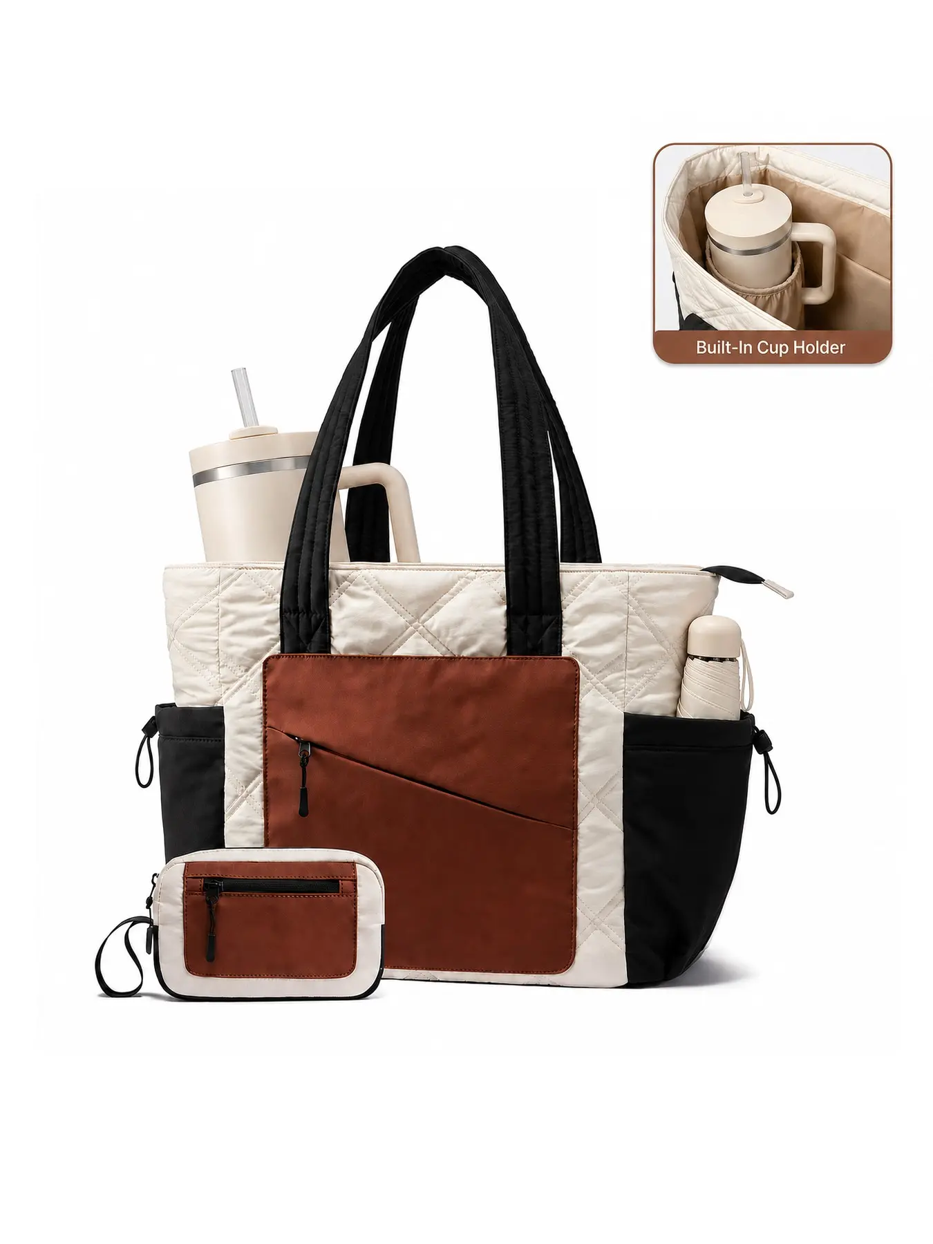 Women's Fluffy Quilted Tote Bag, Zippered Tote Bag, Lightweight Laptop Handbag, Multi-Layer with Cup Holder, Ideal for School, Work, Travel, Fitness, Campus Commute