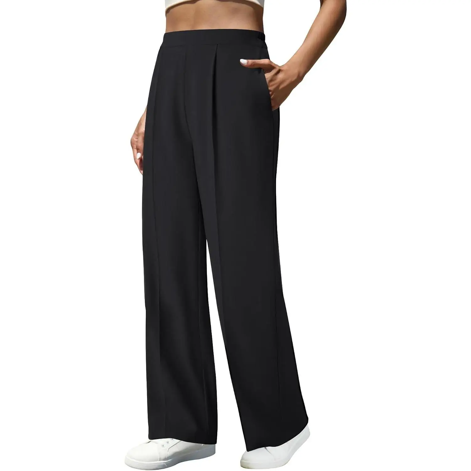 Women's High-Waisted Elastic Dress Pants, Comfortable Stretchy Knit Wide-Leg Pull-On Slacks with Pockets, Adjustable Essential Soft Trousers for Business Office Wear